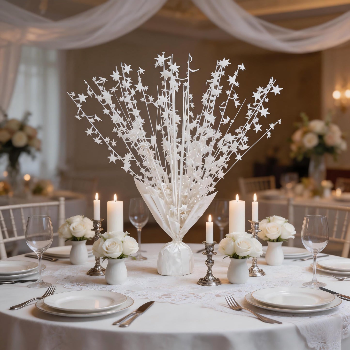 6 Pack Metallic Foil Spray Centerpiece Stars for Wedding, Birthday, Anniversary, Christmas Table Decor, Holiday Festival Baby Shower Graduation Mantle Party Decorations (White)
