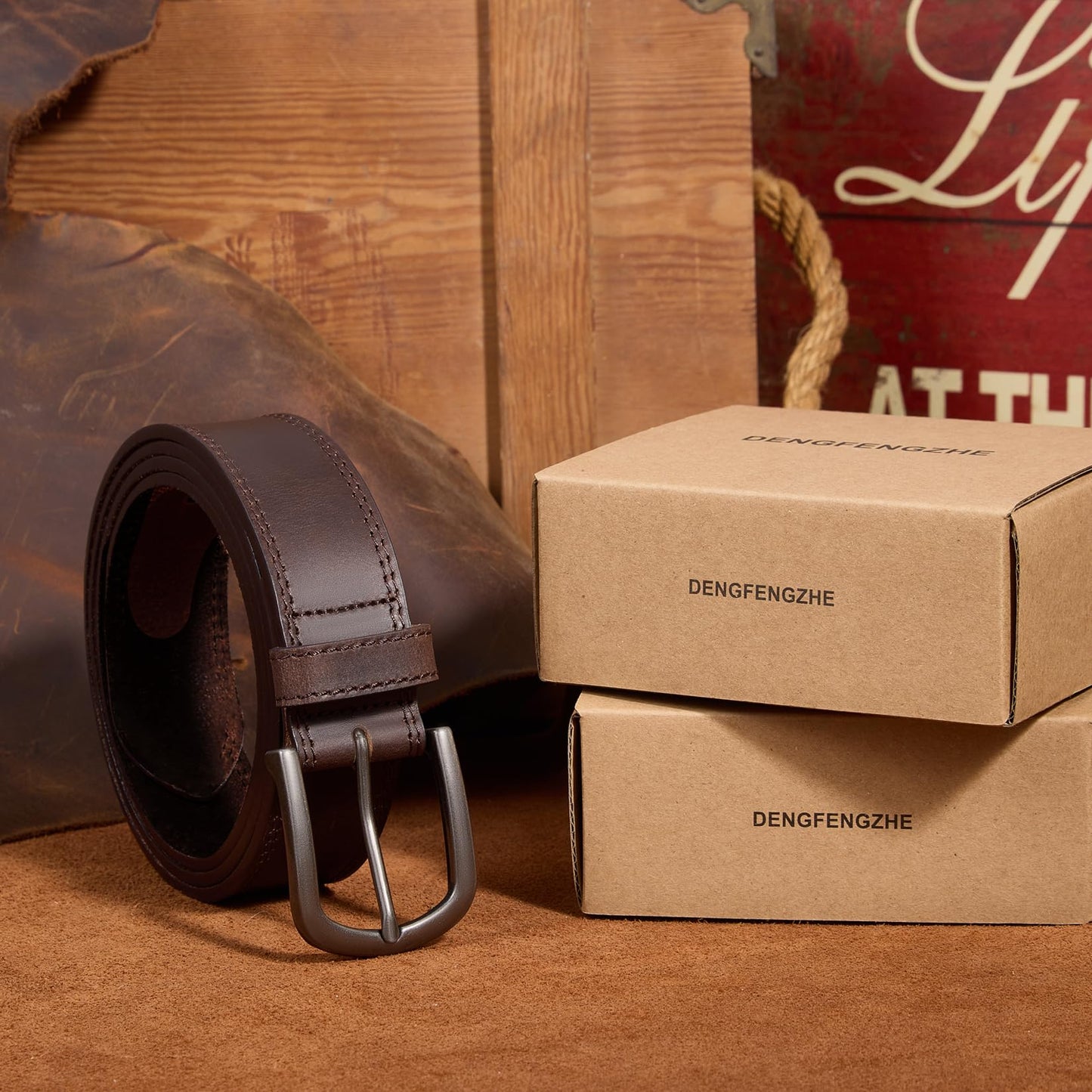 DENGFENGZHE Men's Full Grain Leather Belt for Everyday Casual Jeans, 1.5" Handmade Men Leather Belts with Gift Box (Brown, 36(Fits Waist 34"-35"))