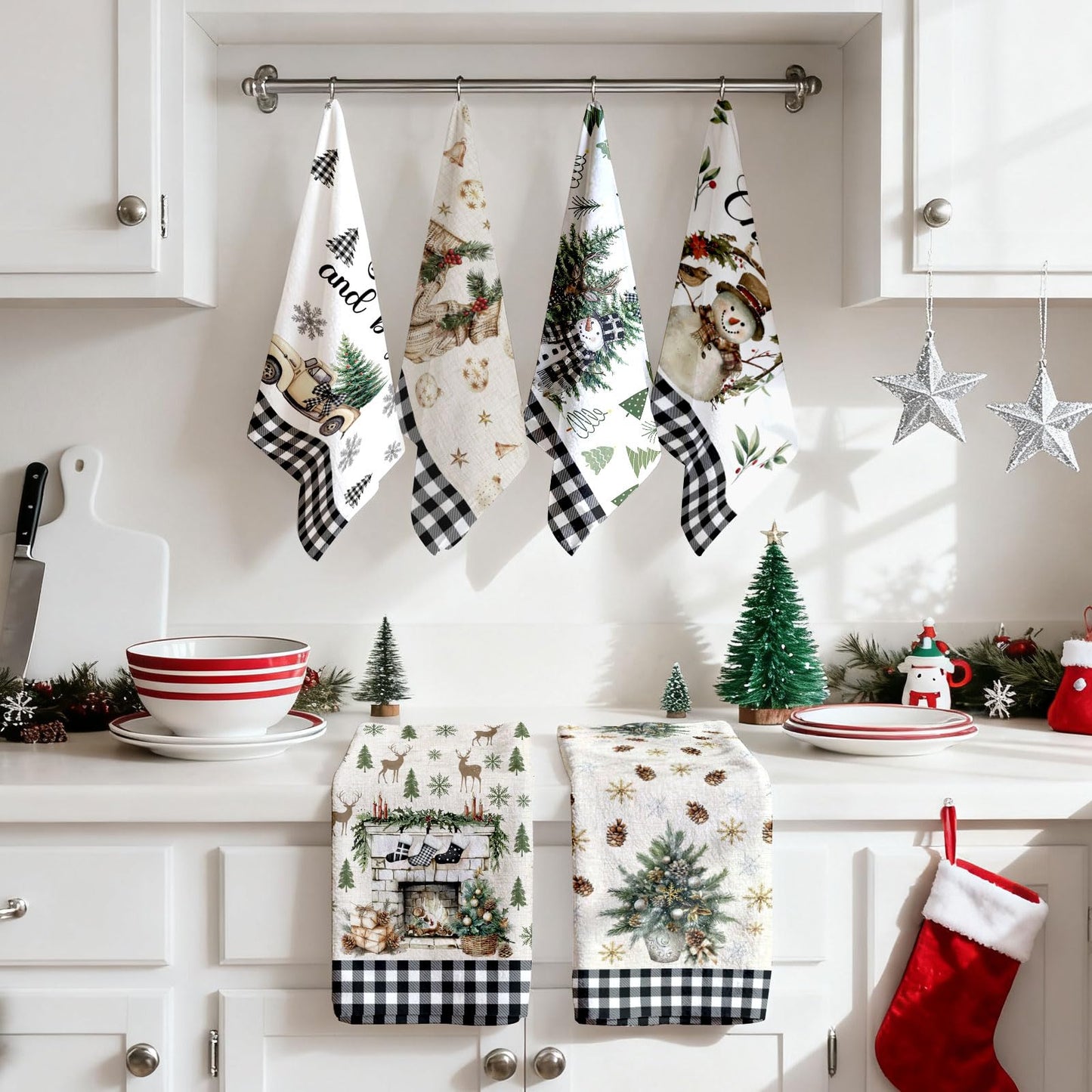 HEIFAM Green Xmas Christmas Kitchen Towels 6 Pcs, Christmas Hand Towel for Bathroom, Holiday Kitchen Towel, Snowman Tea Dish Towels, Snowflake Gloves Decor Gray Strips, Housewarming Gift, 17 X 26in