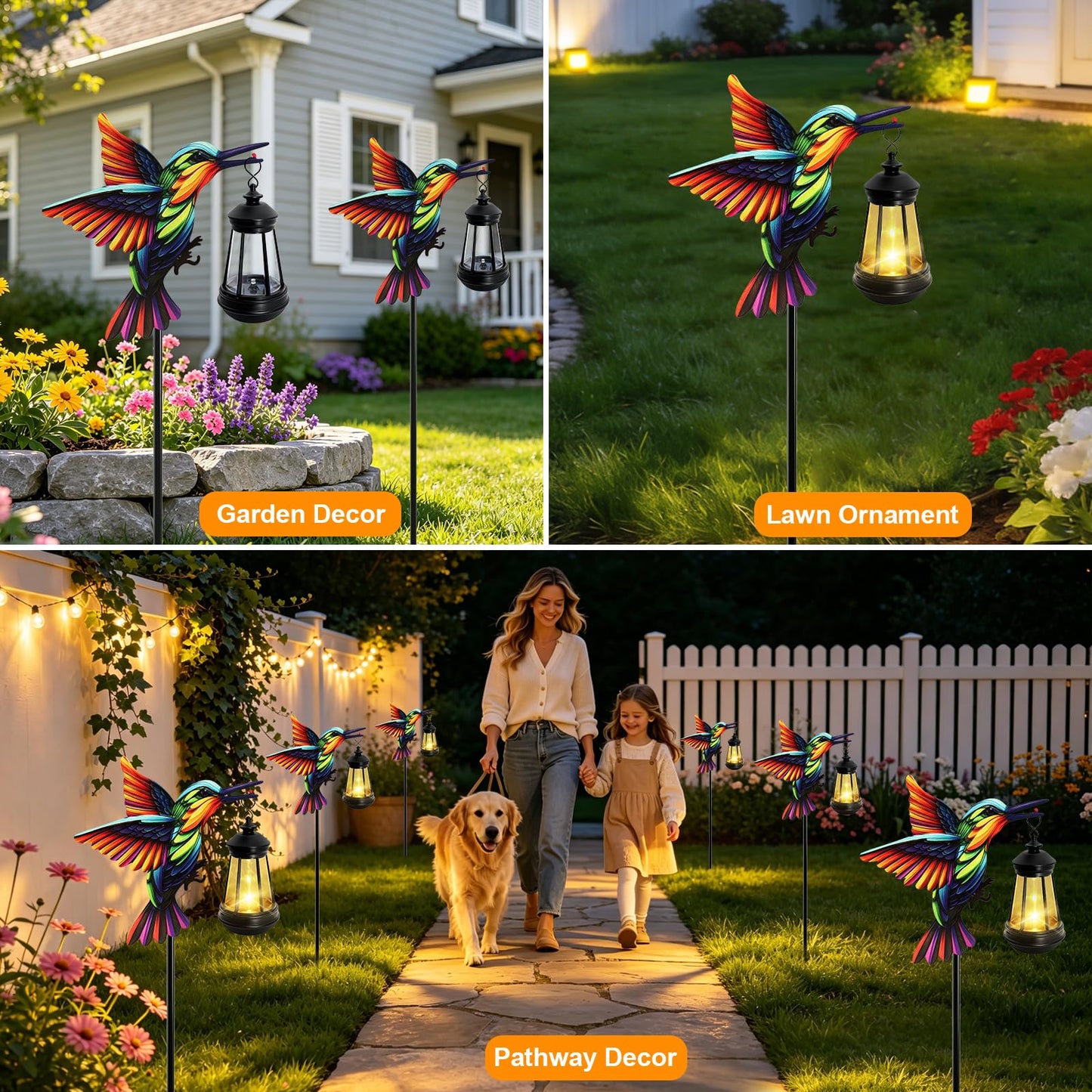 ANGMLN Hummingbird Solar Lights Outdoor, Hanging Lantern Waterproof, Birthday Gifts for Women Mom Mother's Day, Metal Garden Statue Yard Decor Patio Pathway Backyard Lawn Ornaments