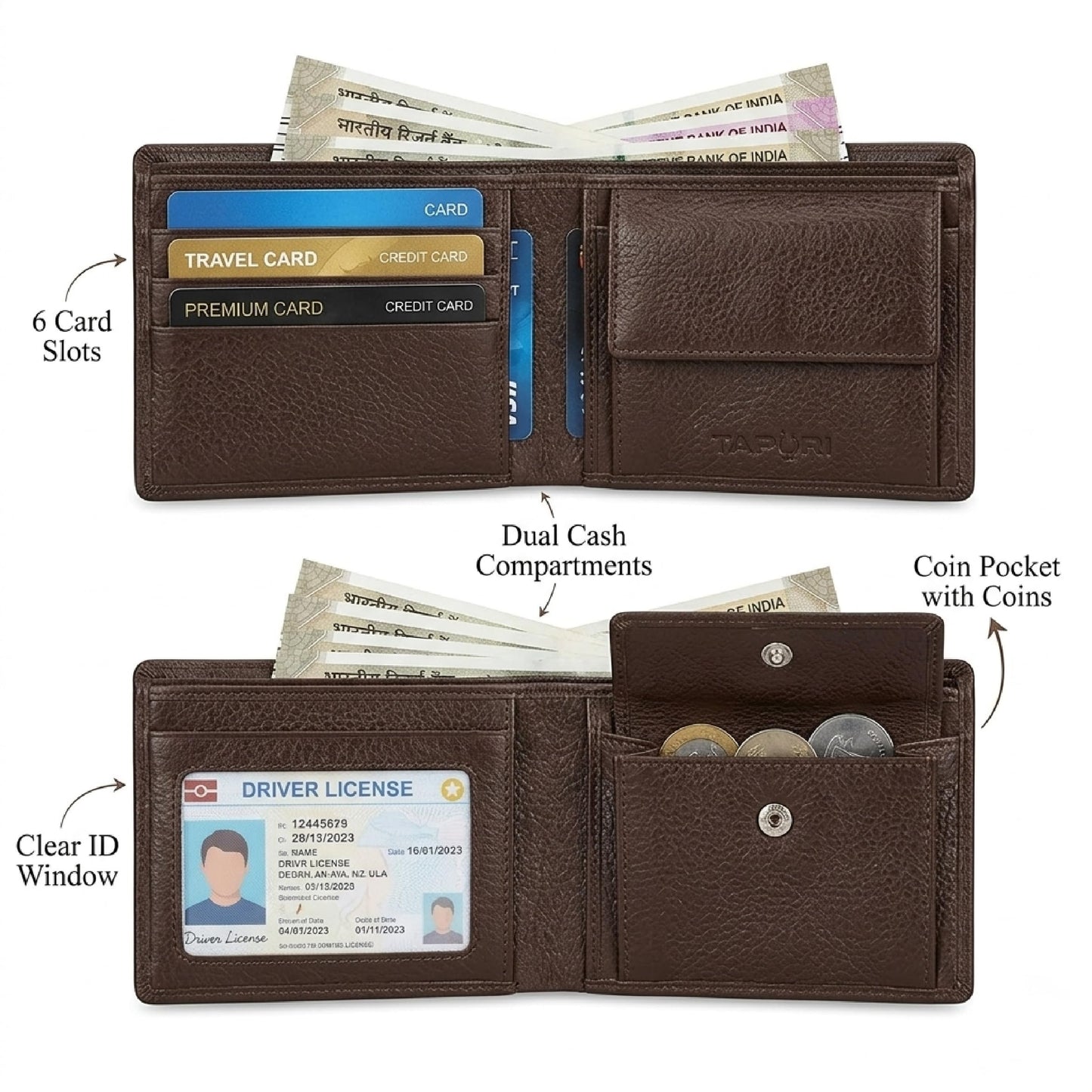 TAPORI Men's Genuine Leather Bifold Wallet Slim RFID Blocking Wallet with Coin Pocket, 6 Card Slots, ID Window, 2 Bill Compartments & Button Closure Durable Everyday Wallet for Men (Tan)