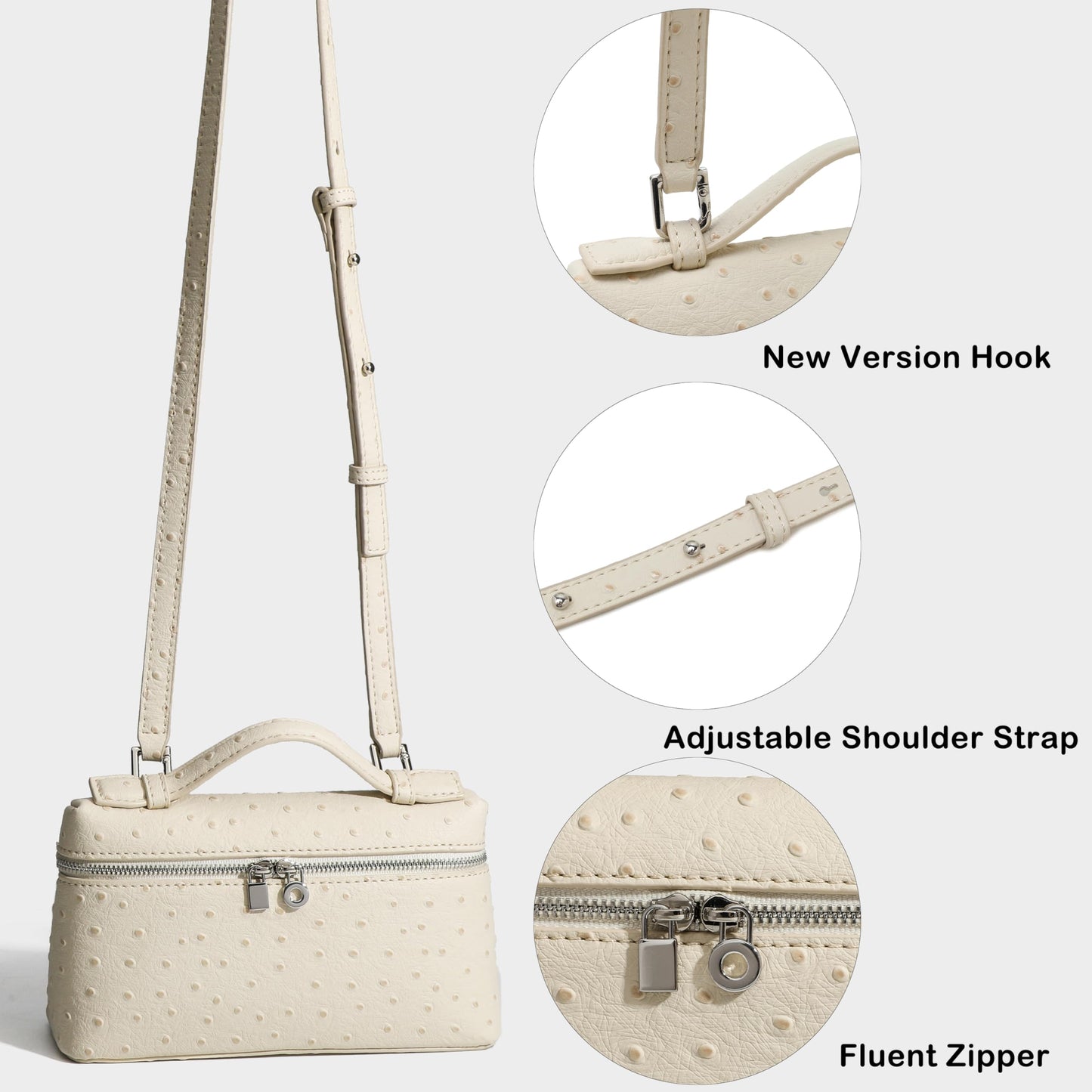 Rejolly Crossbody Bag for Women Small Top-Handle Pouch Purse Shoulder Handbag Synthetic Ostrich Leather Cream White (Gold Hardware)