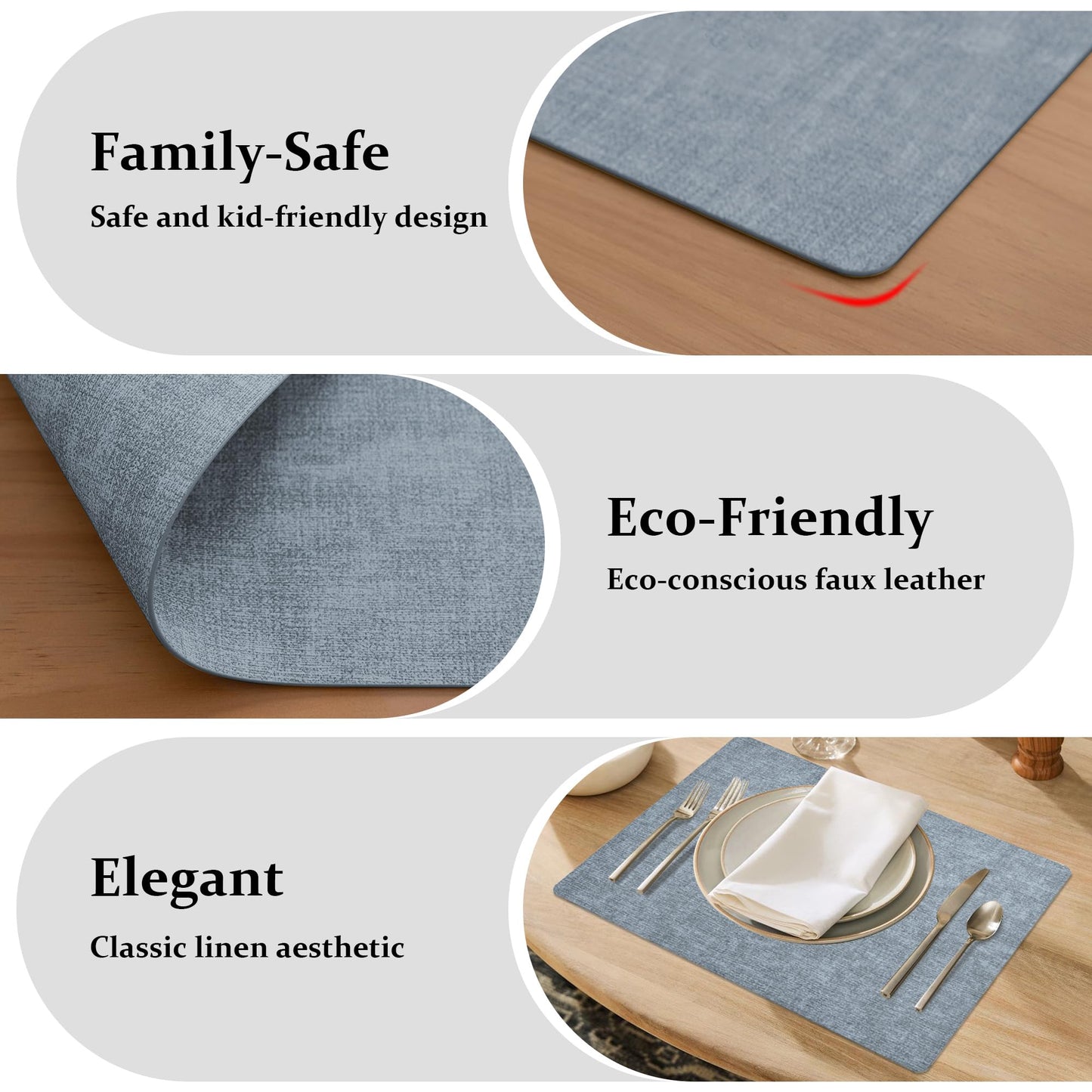 FROMHEART Faux Leather Placemats Set of 6–Waterproof,Heat/Oil Stain-Resistant PU Table Mat–Reversible,Non-Slip,Easy to Clean Place Mats for Kitchen,Dining,Indoor/Outdoor,(Light Blue,11.8" x 17")