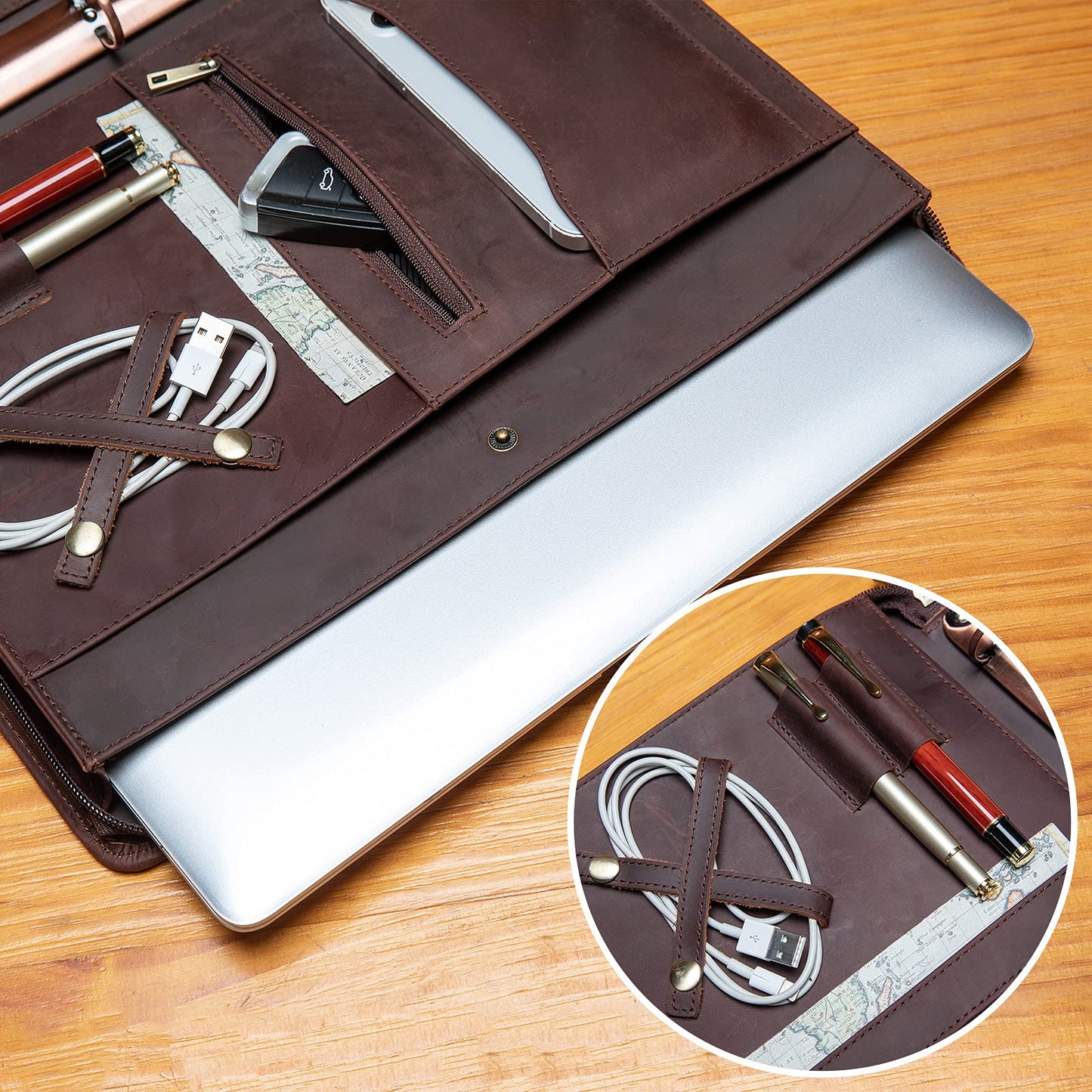 YIWEN Handmade Leather Portfolio with Handle, 3 Ring Binder, Zippered Padfolio for 13" Tablet, 8.5 x 11 Notepad, Professional Business Document Organizer (Dark Brown, Crazy Horse Leather)