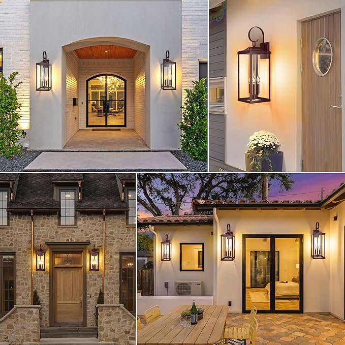 2 Packs 24" Extra Large Dusk to Dawn Light Fixture 3-Light, Oil Rubbed Bronze Outdoor Porch Lantern Wall Mounted, Waterproof Modern Outside Wall Sconce Brown Lamp for House, E12