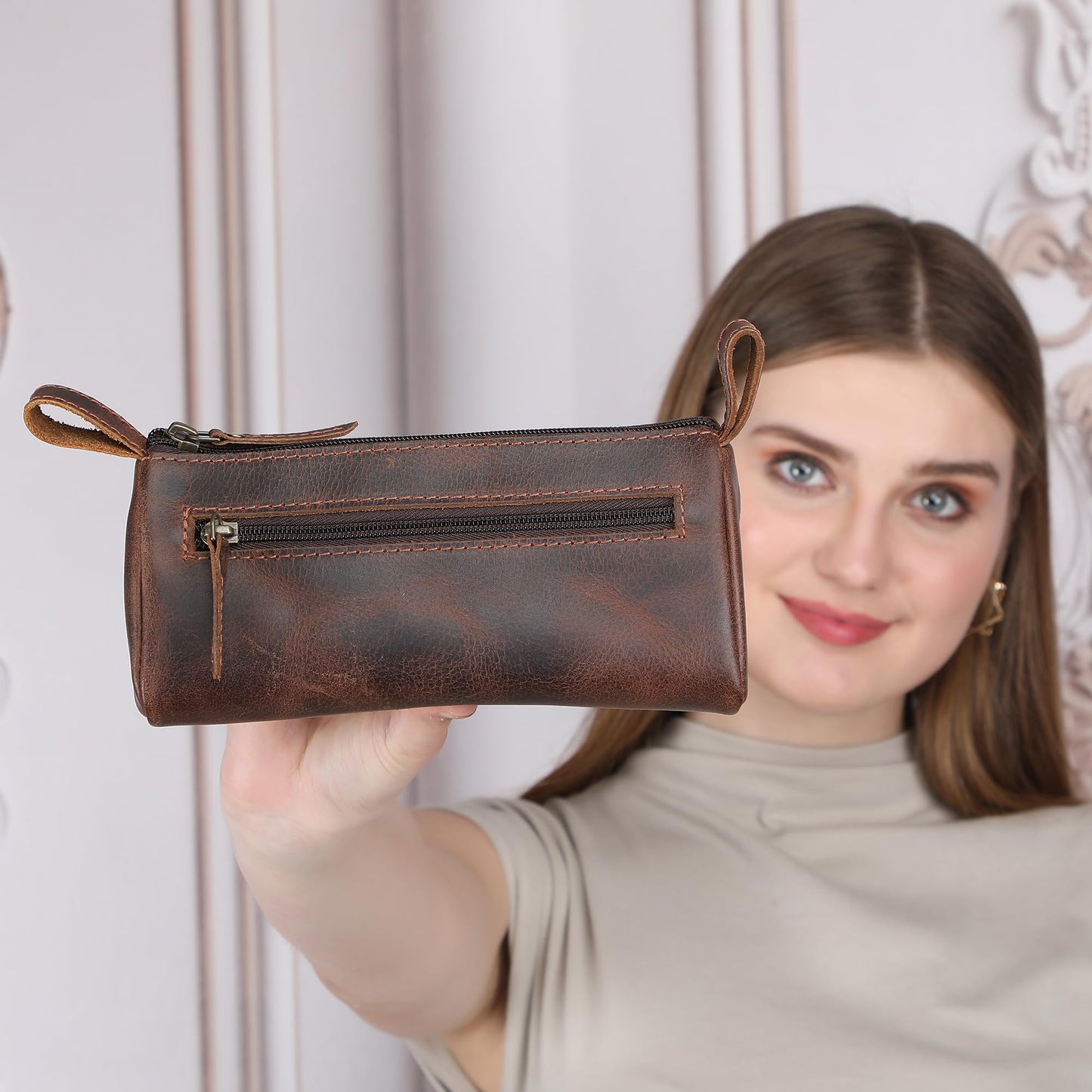 TheAntiq Leather Makeup Bag for Women – Genuine Leather Cosmetic Bag Travel, Handmade Zippered Makeup Pouch, Small Toiletry Bag, Shaving Kit & Stationery Organizer- Brown
