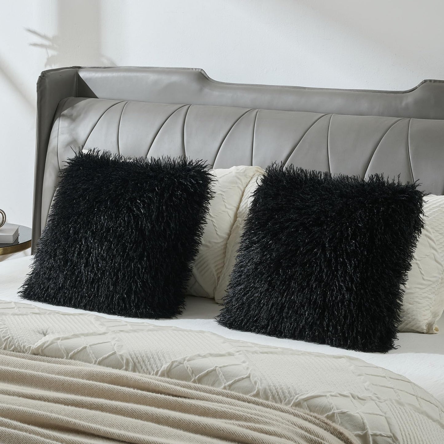 FUTEI Pack of 2 Shaggy Mongolian Faux Wool Throw Pillow Covers 18x18 Inch Soft Fluffy Farmhouse Decorative Cushion Case for Couch Bed Living Room, Black