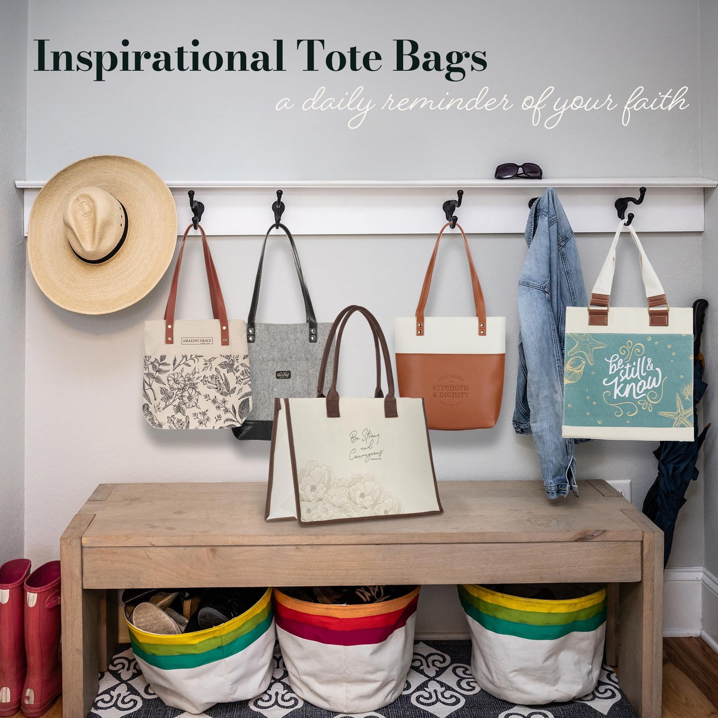 Christian Art Gifts Canvas Floral Tote Bag for Women: Amazing Grace Inspirational Scripture for Shopping, Supplies, Books, Accessories, Vegan Leather, Pocket, Zippered Closure, Creamy Tan & Brown