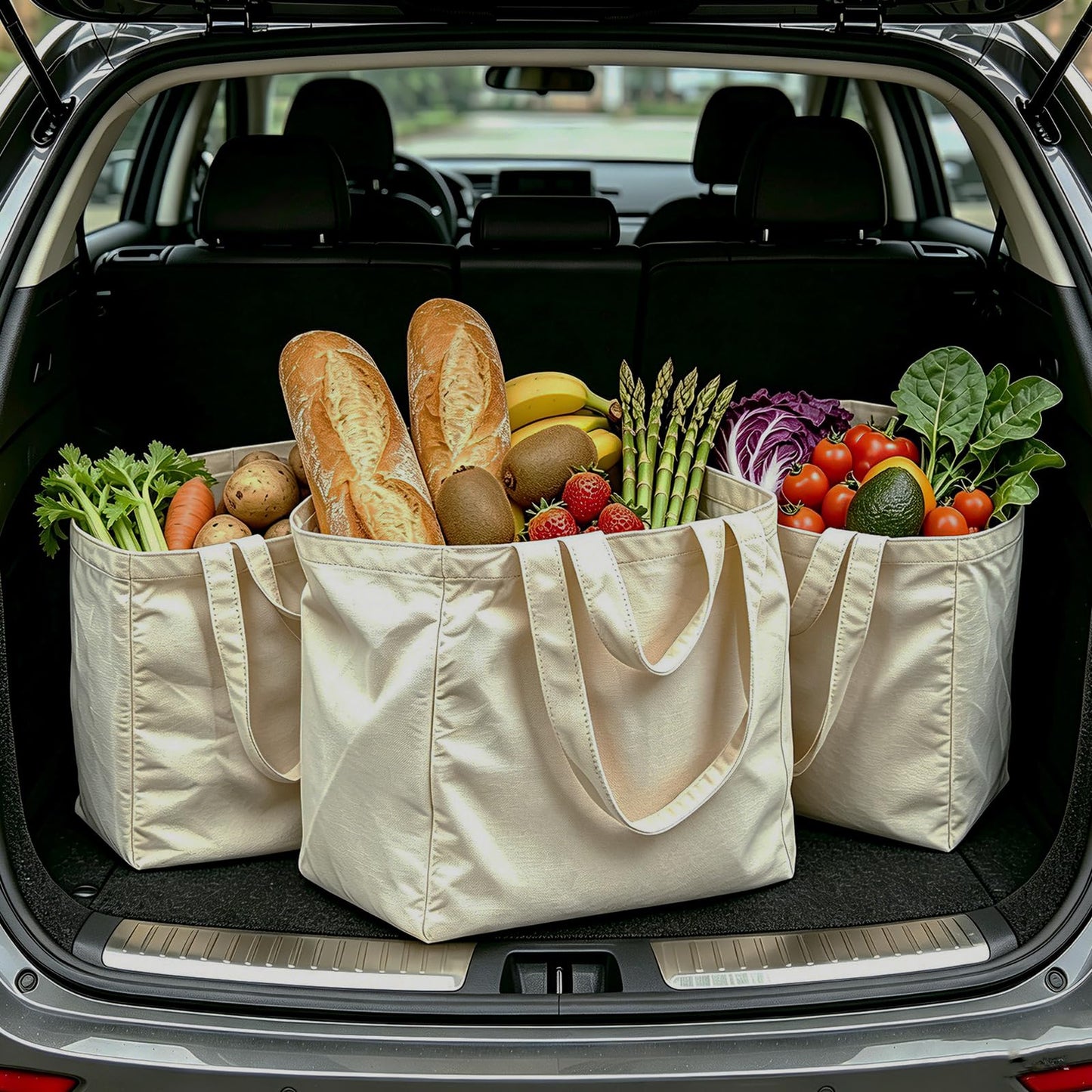 Umicclist Canvas Grocery Tote Bag, 3PCs Reusable Extra Large Shopping Bag with Long Shoulder and Handle Straps, 6 Inner Pockets, 15x15x10 Inch, Foldable Washable Bag for Picnic