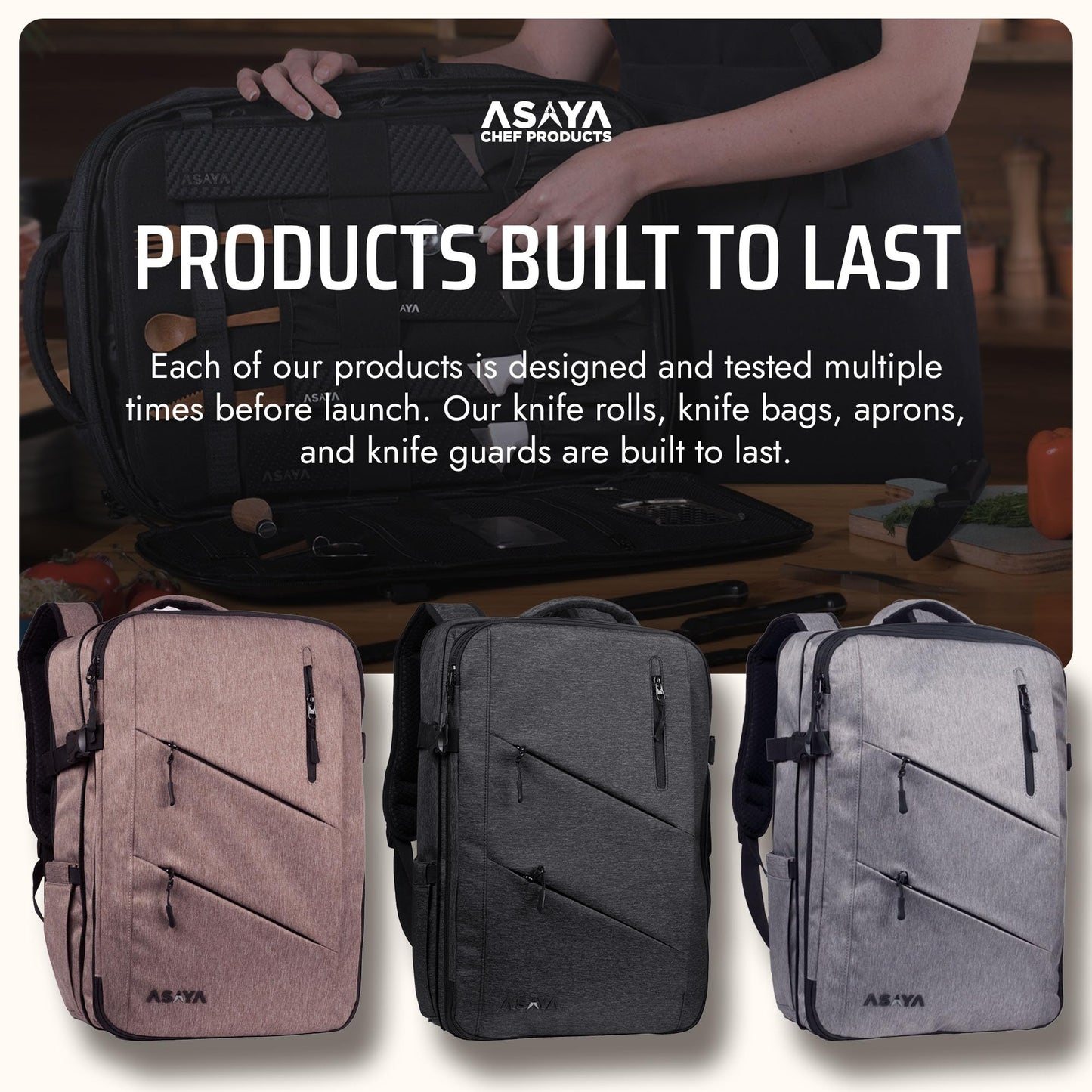 Asaya Chef Knife Backpack with 20-Pocket Knife Roll Bag - Over 30 Storage Pockets Chef Bag, Professional Backpack for Chefs and Culinary Students – Knives Not Included (Grey)