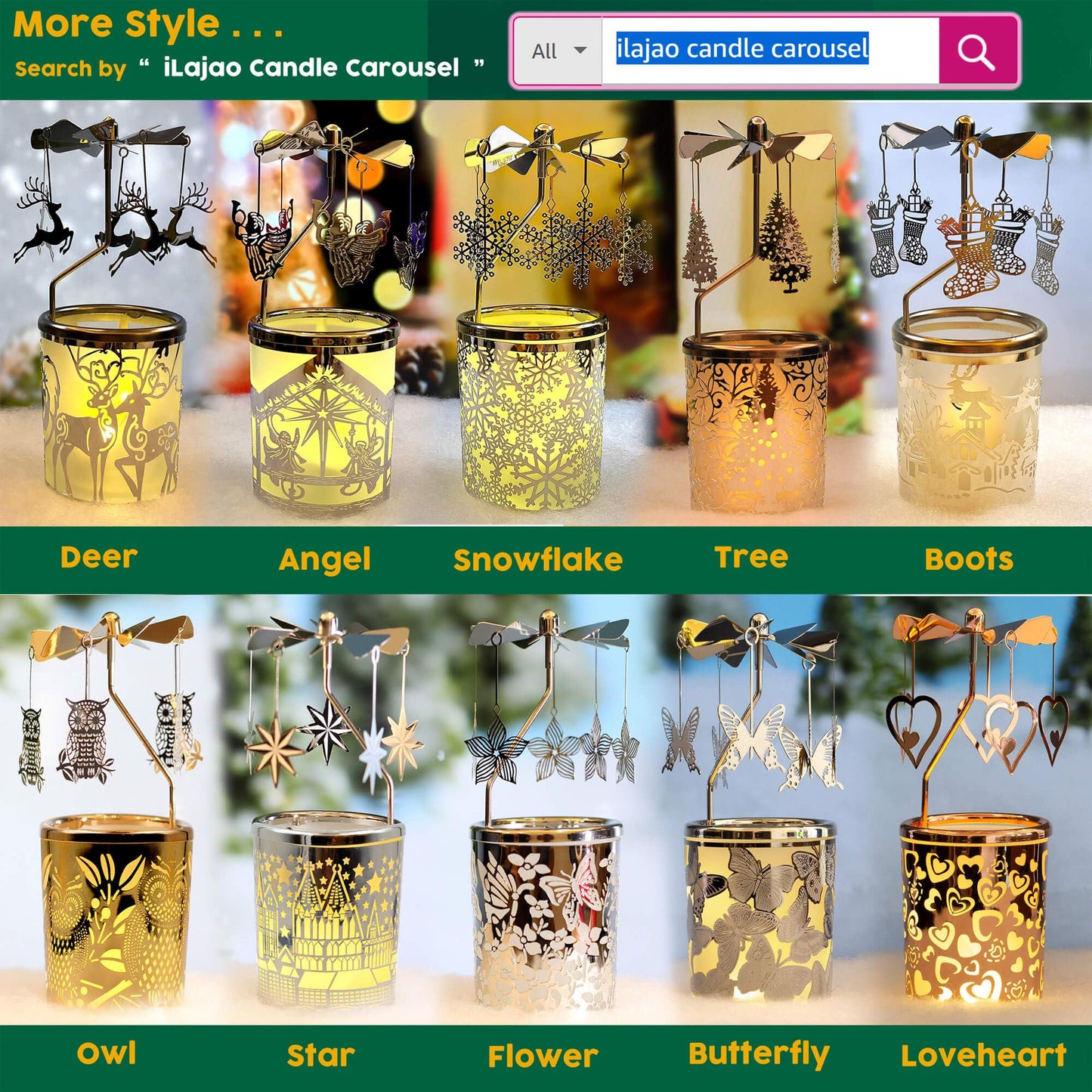 iLaJao Rotary Tea Light Carousel Angel Rotary Candle Holders Spinning Tealight Holders Christmas Decoration for Tabel Centrepieces Gift for Mom Women Wife Birthday-6 ¼ Inch Tall (Tree)