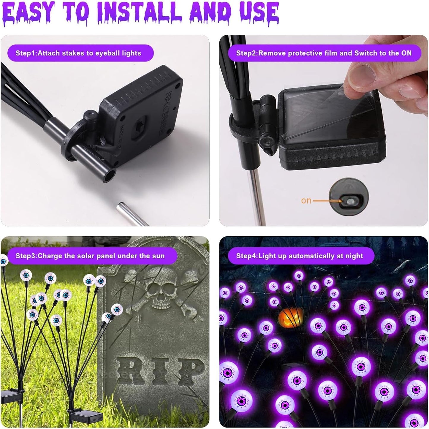 ASMAD Halloween Decorations Outdoor Solar Scary Eyeball Lights, 10Pack 80LEDs Purple Eyeball Swaying Firefly Light, Waterproof Halloween Path Lights for Garden/Yard/Patio/Party Decor