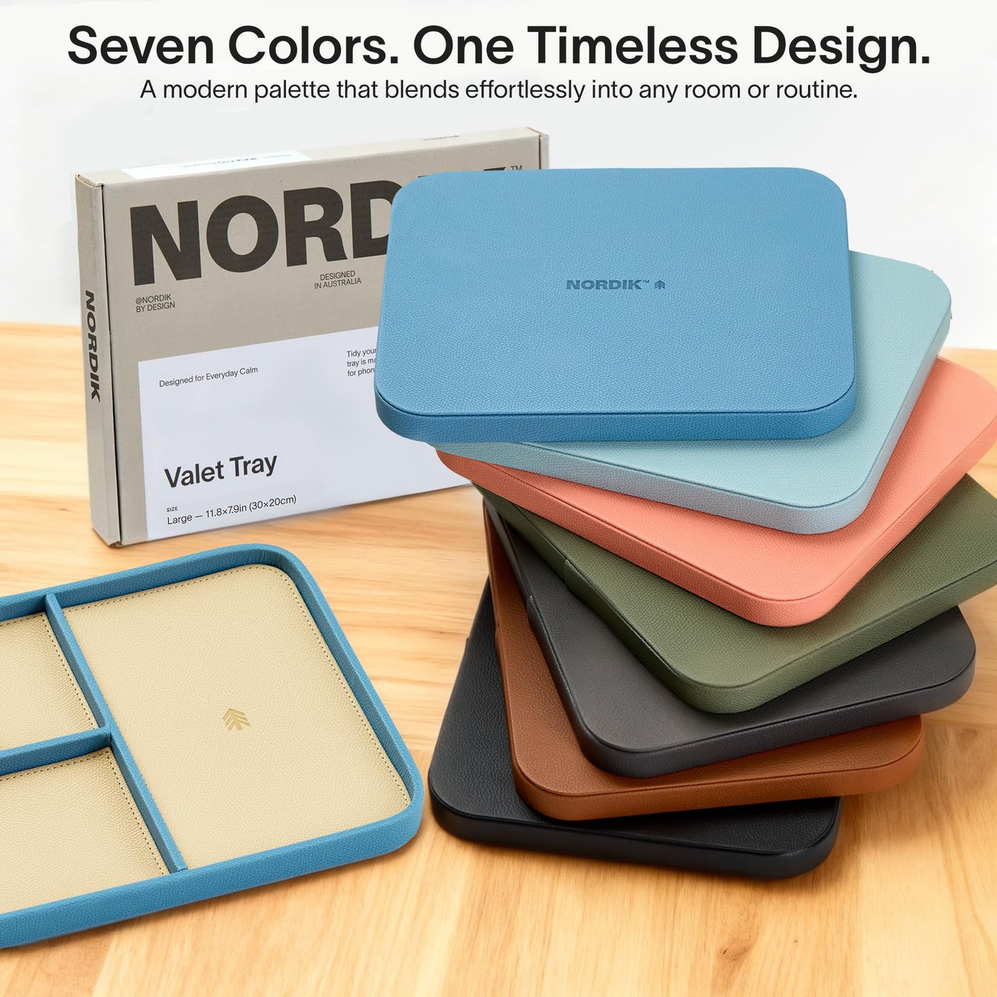 Nordik Leather Valet Tray - Nordik Blue - 11.8x7.9 Inch Large-Sized Vegan Leather Tray - Stylish Nightstand Organizer for Men - Modern Bedside Caddy - EDC Catchall for Keys Watch Wallet Jewellery