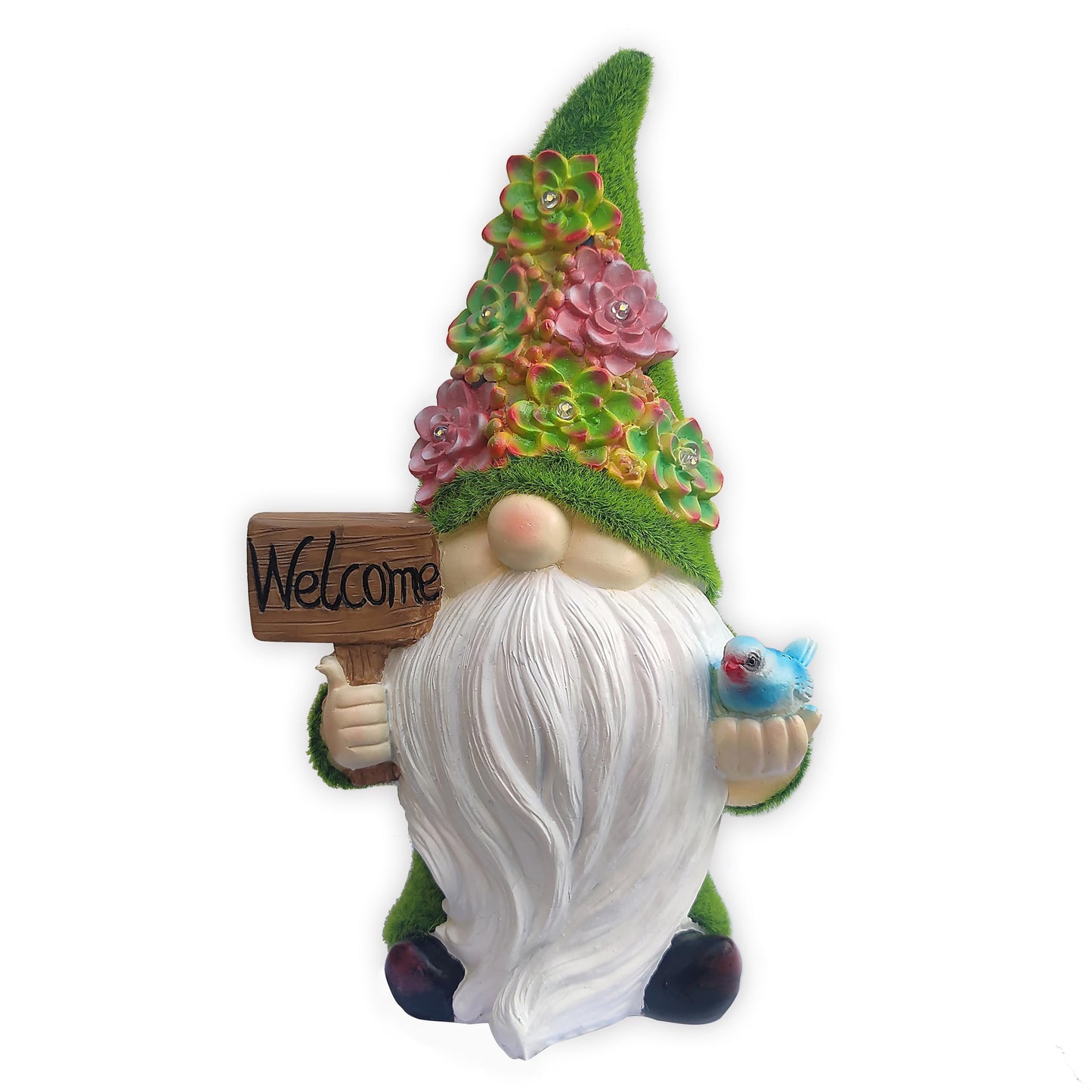 VIOYOUNS Solar Gnomes Garden Statues,Resin Gnome Figurine Holding Welcome Card and Bird with Solar Lights, Outdoor Gnomes Decorations for Yard Patio Lawn Porch, Garden Gifts