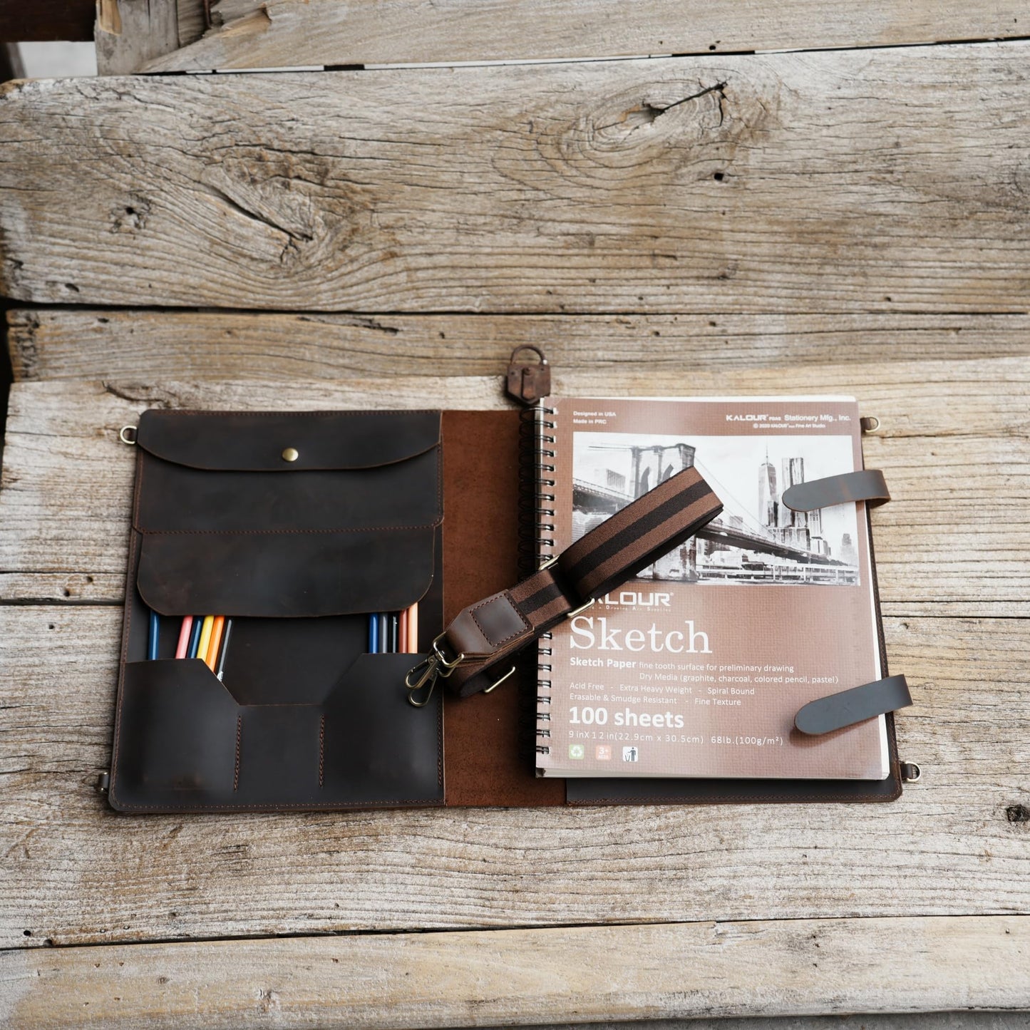 Handmade Leather Sketchbook Cover, Leather Artist Sketch Pad Cover for 9" x 12" Sketchbook, Drawing Book and Pencil Case, Journal Notebook Portfolio, Artis Drawing Gifts (darkbrown)