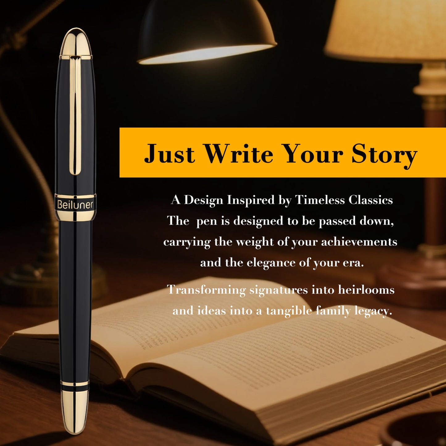 BEILUNER 315 Luxury Rollerball Pen, with 24K Gold Finish, Black Piano Lacquer, Luxury Grade Craftsmanship, Best Pen Gift Set for Men and Women, Professional, Executive, Office, Fancy, Nice Pens