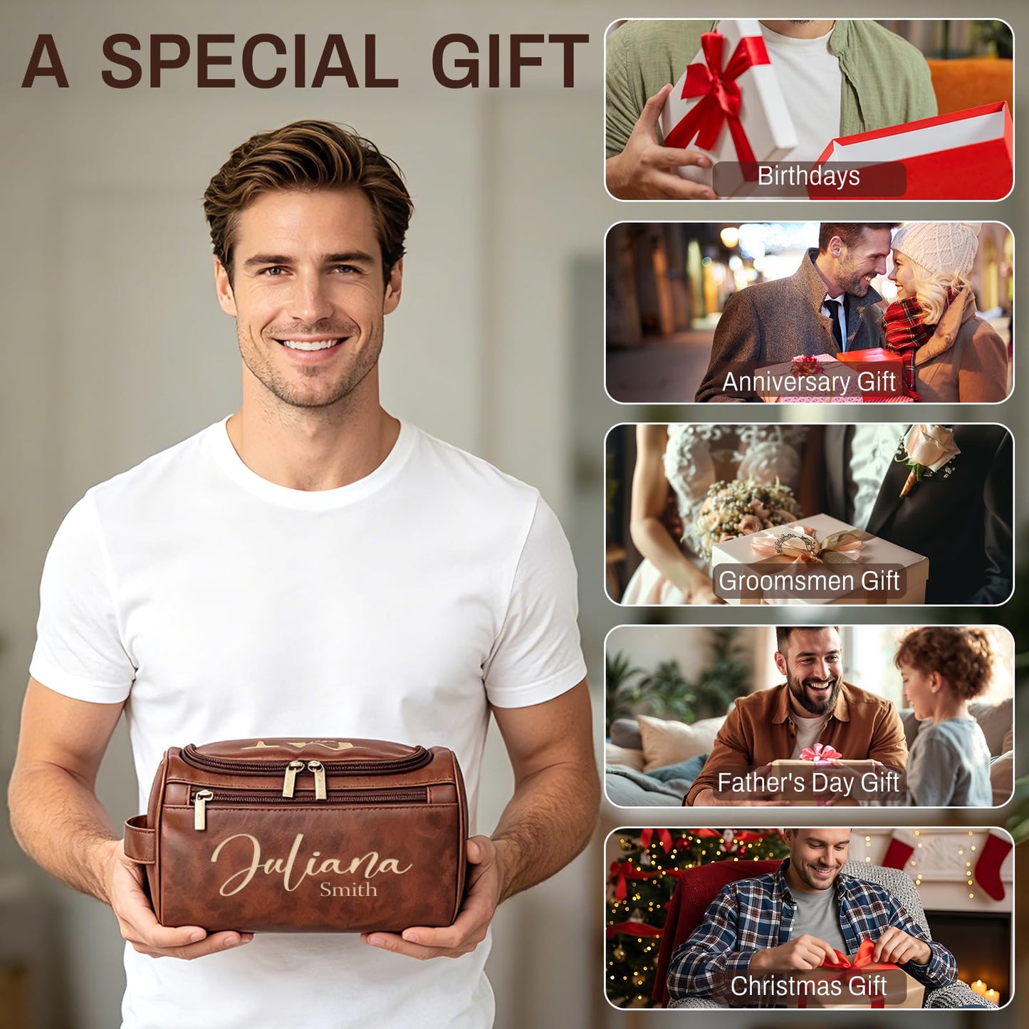 Aeekdook Personalized Toiletry Bag for Men - Engraved Name/Logo, Waterproof PU Leather Dopp Kit with Hanging Multi-Compartment, Unique Gifts for Men Husband Groomsmen Boyfriend Birthday Father's Day