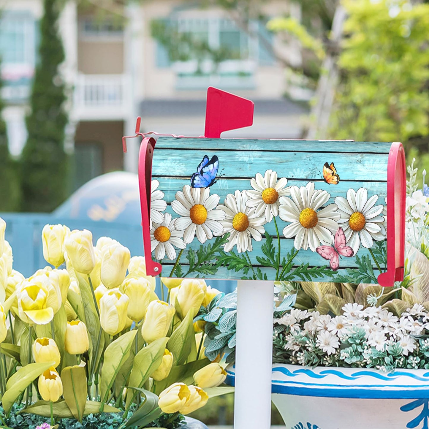 Rustic Spring Summer Daisy Mailbox Covers Magnetic Large Size Spring Teal Old Wood Board Magnetic Mailbox Covers Daisy Floral Mailbox Wrap Post Letter Box Cover for Garden Yard Decor 25x21 Inch