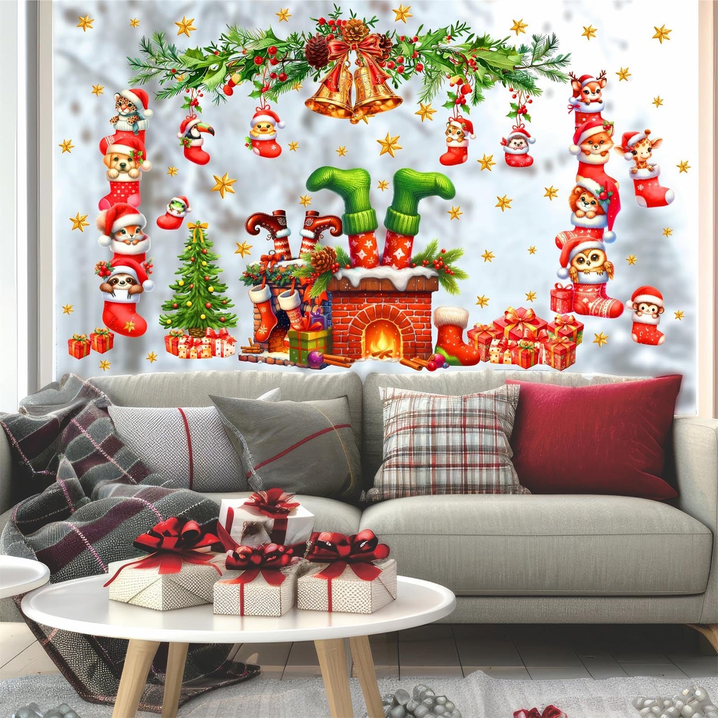 Christmas Fireplace Wall Decals Large Winter Pine Tree Branch Wall Stickers Xmas Bell Funny Animal Holiday Wall Decorations Removable Merry Christmas Wall Stickers Party Supplies