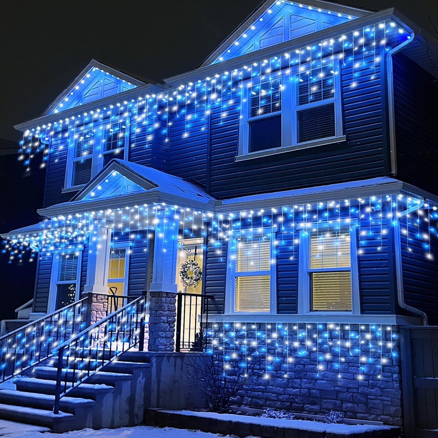 66ft Blue and White Christmas Lights, 640 LED Icicle Lights for Outside House Clear Wire Connectable Twinkle Lights with 8 Modes Timer Waterproof for Window Party Tree Holiday Patio Yard Home Decor