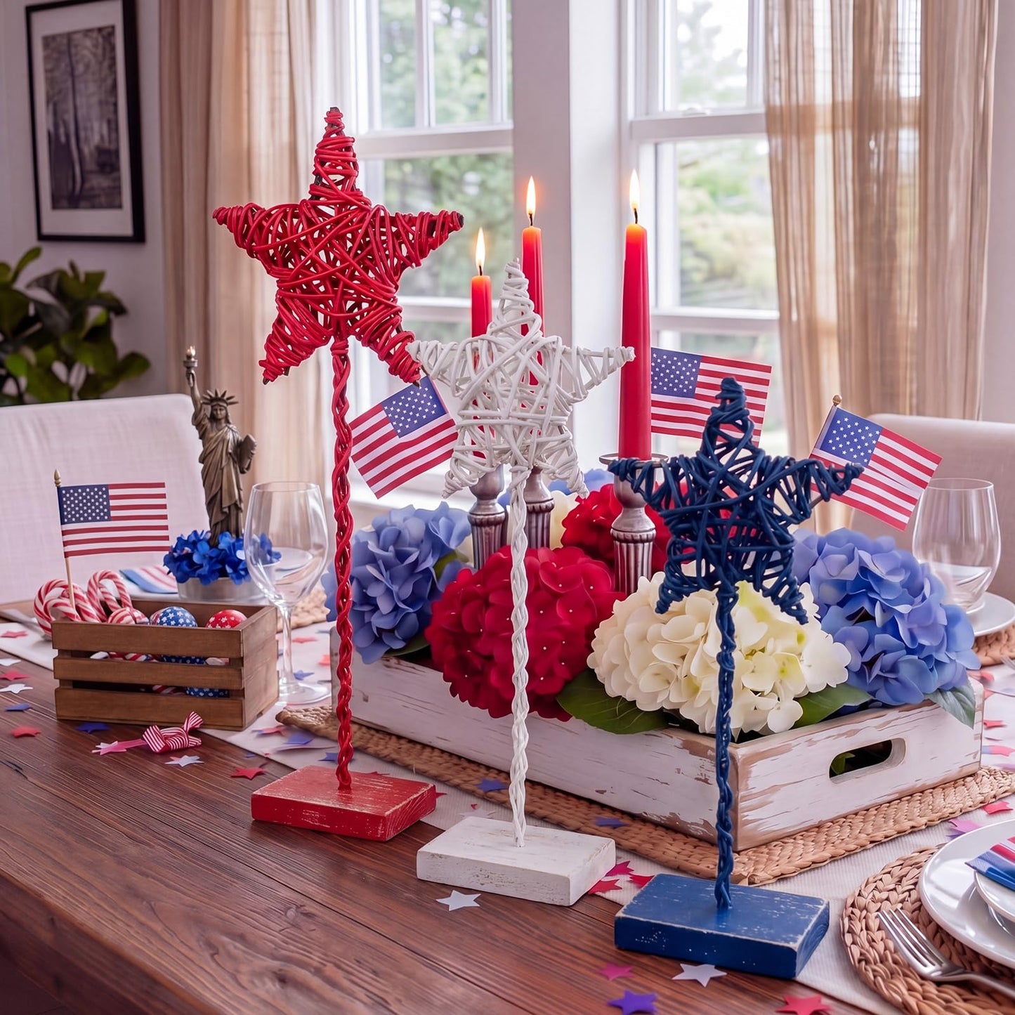 Tiamon 3 Pcs 4th of July Decorations, Metal Wood Patriotic Centerpieces Table Decor Red White Blue 3D Star Tray Sign Decor for Home Office USA July Fourth Independence Day 250th Anniversary Decoration
