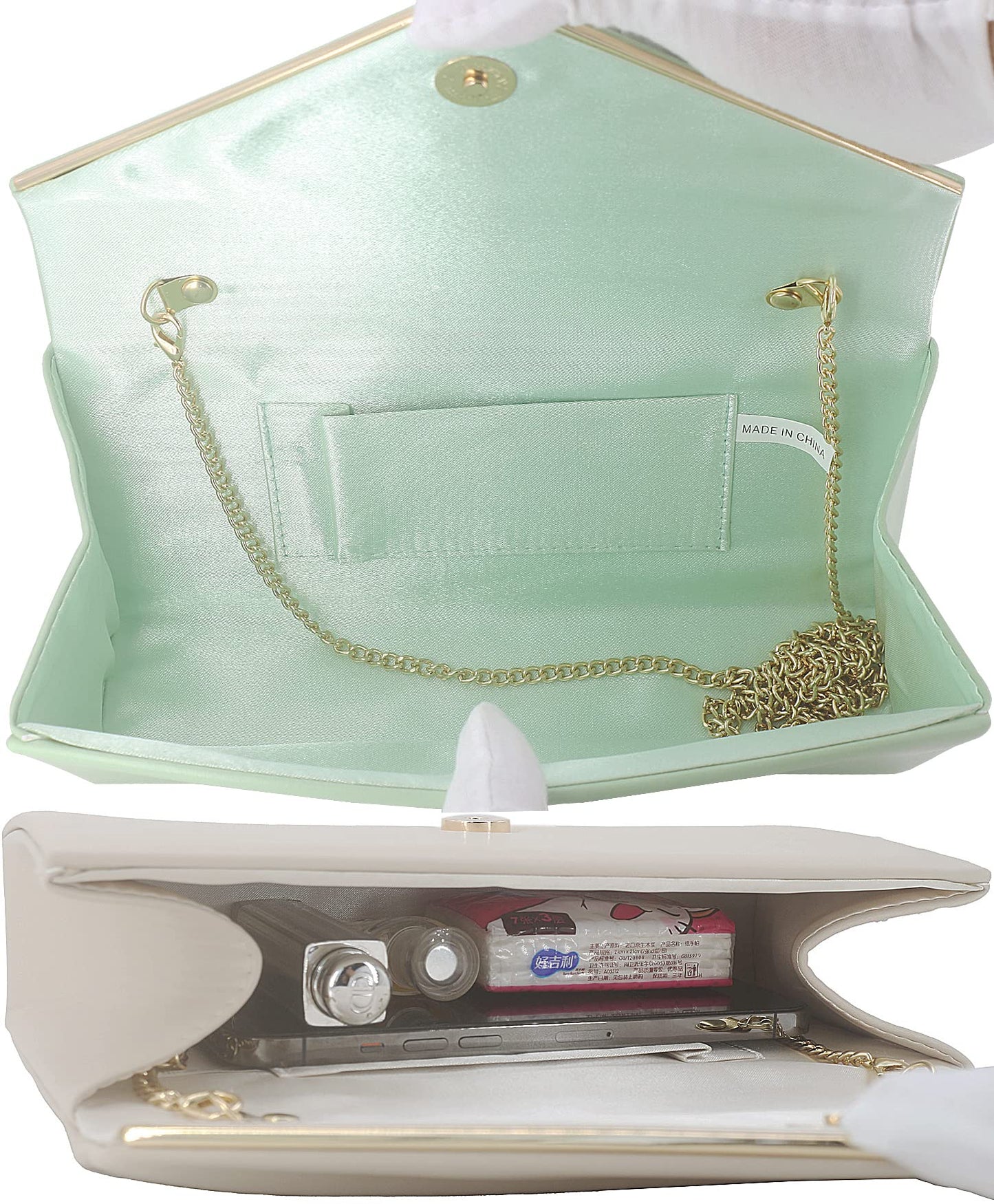 Vegan Leather Envelope Clutch Bag Classic Dressy Purse Foldover Evening Handbag Mint