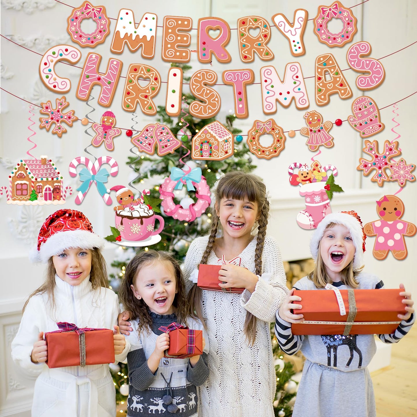 Pink Gingerbread Christmas Decorations, Pink Gingerbread Christmas Decor includes Merry Christmas Banner and Ginger bread Hanging Swirls, Gingerbread House Decorations for Merry Xmas Party Supplies