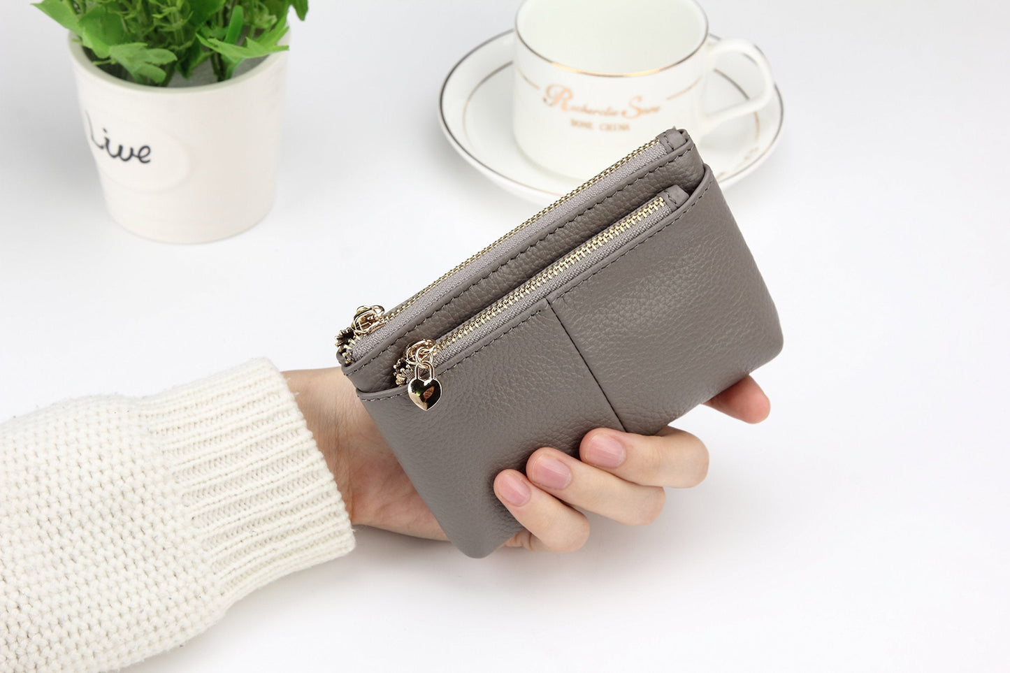 ZOOEASS Coin Purse Women Genuine Leather Zip Mini Purse With Key Ring Triple Zipper Card Holder Wallet (Grey)
