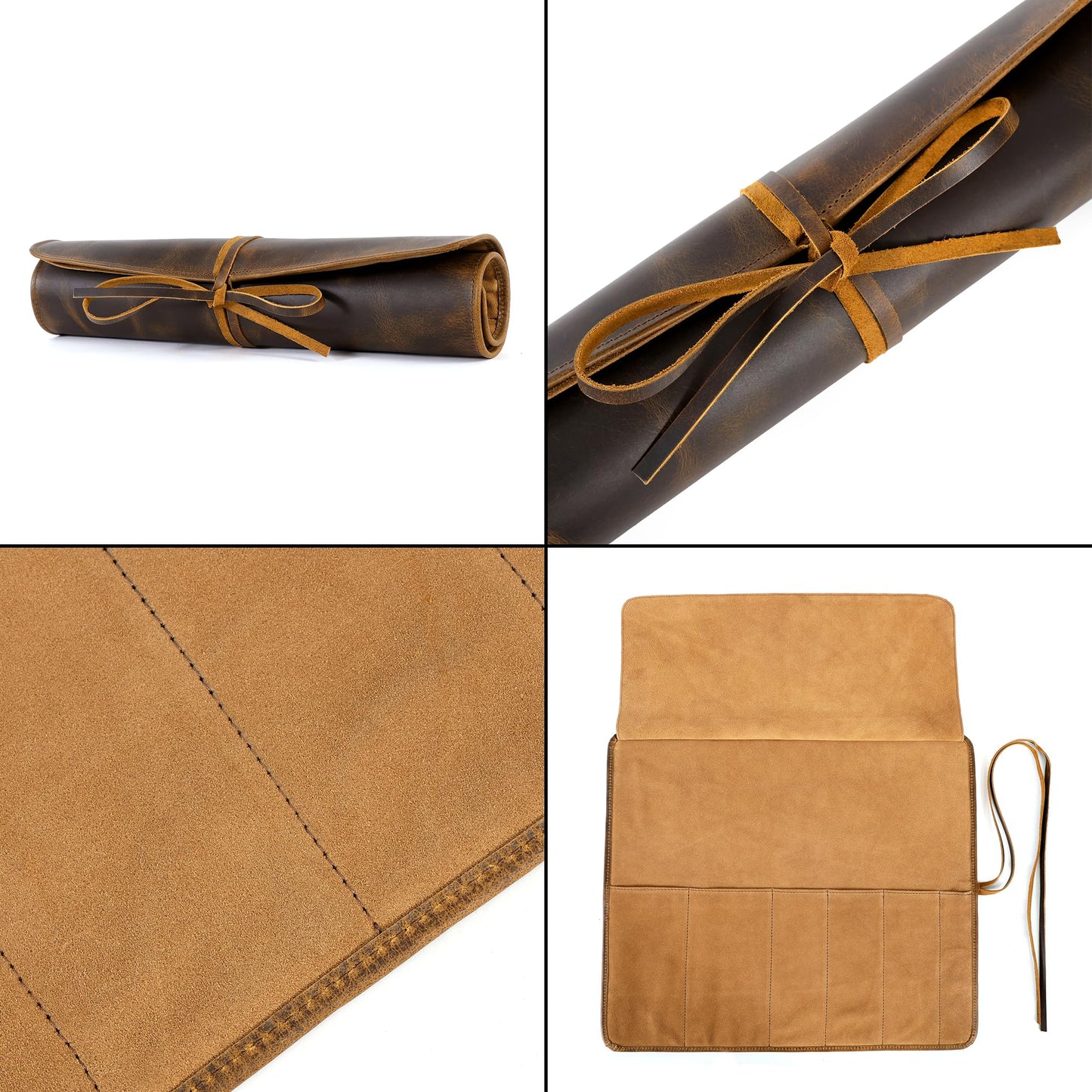 ELIZO Leather Knife Roll Bag Professional Chef Knife Case, Durable Sheath Holder, Cooks & Culinary Tools Carrying Storage, Portable Wrap - 6 Slots