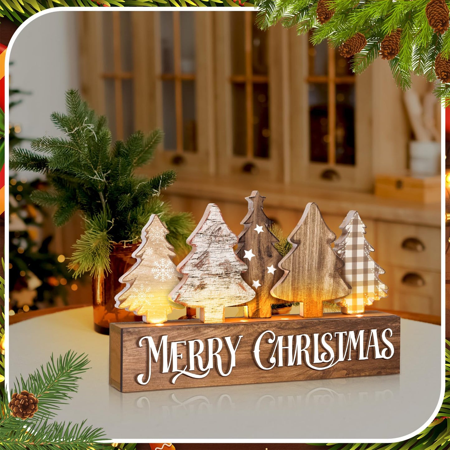 Chunful Lighted Wooden Christmas Tree Decor Rustic Christmas Tabletop Decoration Sign for Home Office Fireplace Farmhouse Xmas Party Table Centerpieces