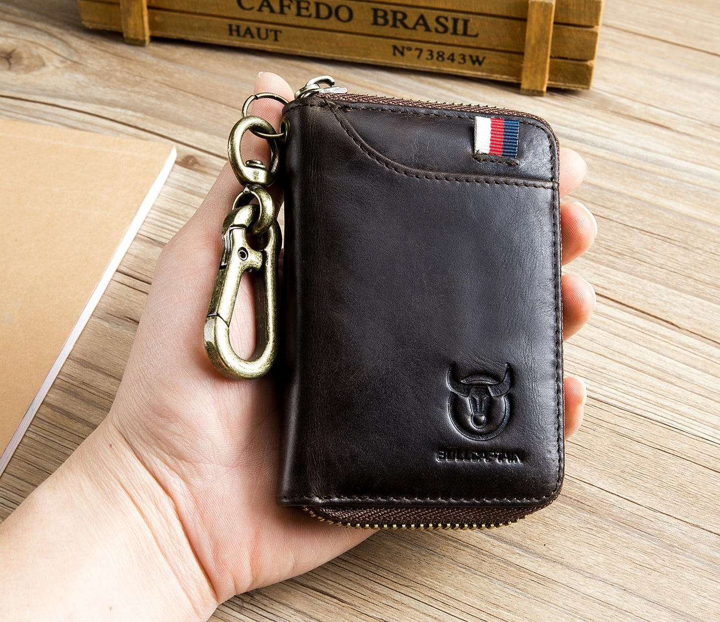 Men's Zipper Key Organizer Rfid Wallet with 6 Hooks Leather Key Holder Case (Dark brown)