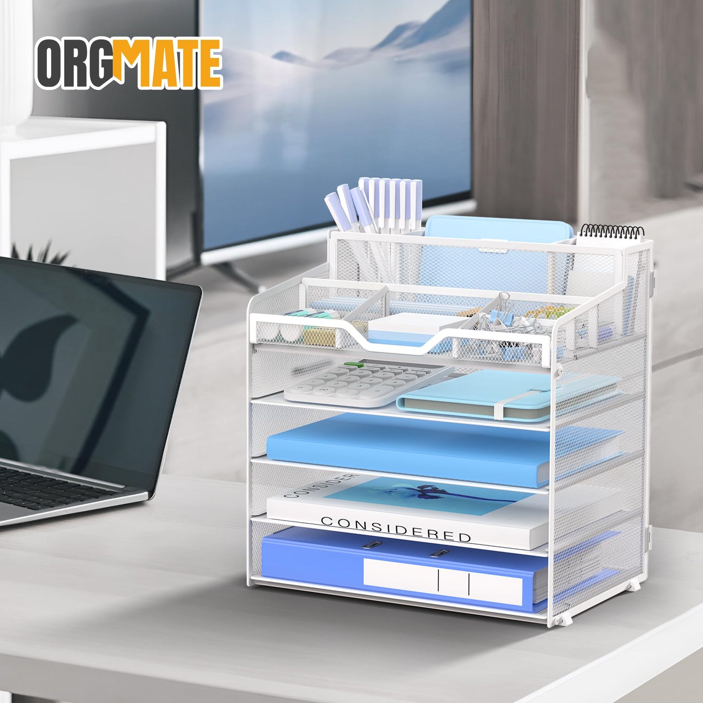 OrgMate 5 Tier Mesh Desk Organizer,Multi Functional Letter Paper Tray with 3 Pen Holders and 5 Adjustable Storage Compartments for Office Supplies Files and Mail Space Saving Desktop Organizer-White