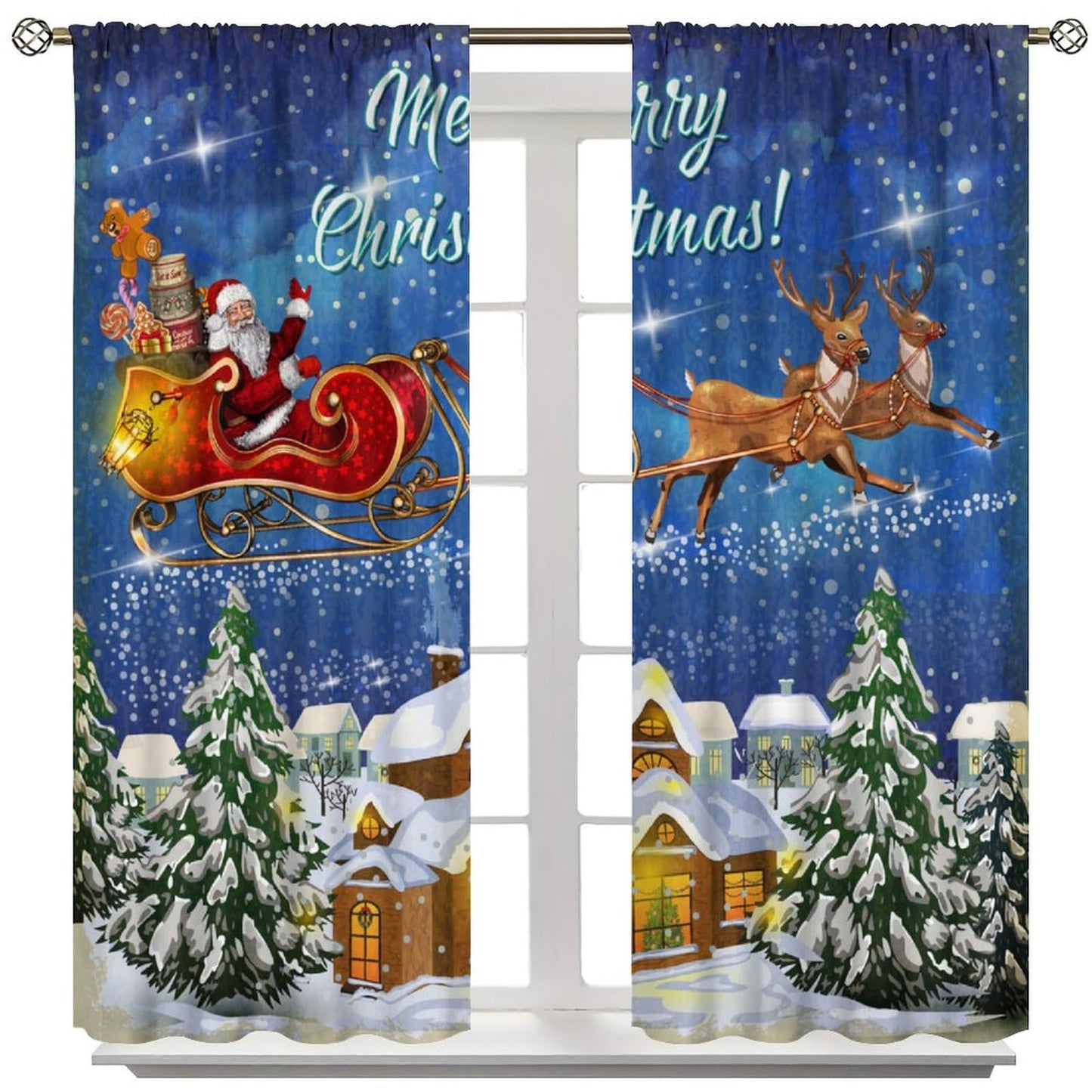 FengMingRui Christmas Curtains Santa Claus Sleigh Chimneys New Year Christmas Patterns Printed Window Treatment Bedroom Living Room Decoration Decor Window Drapes 42" W X 45" L