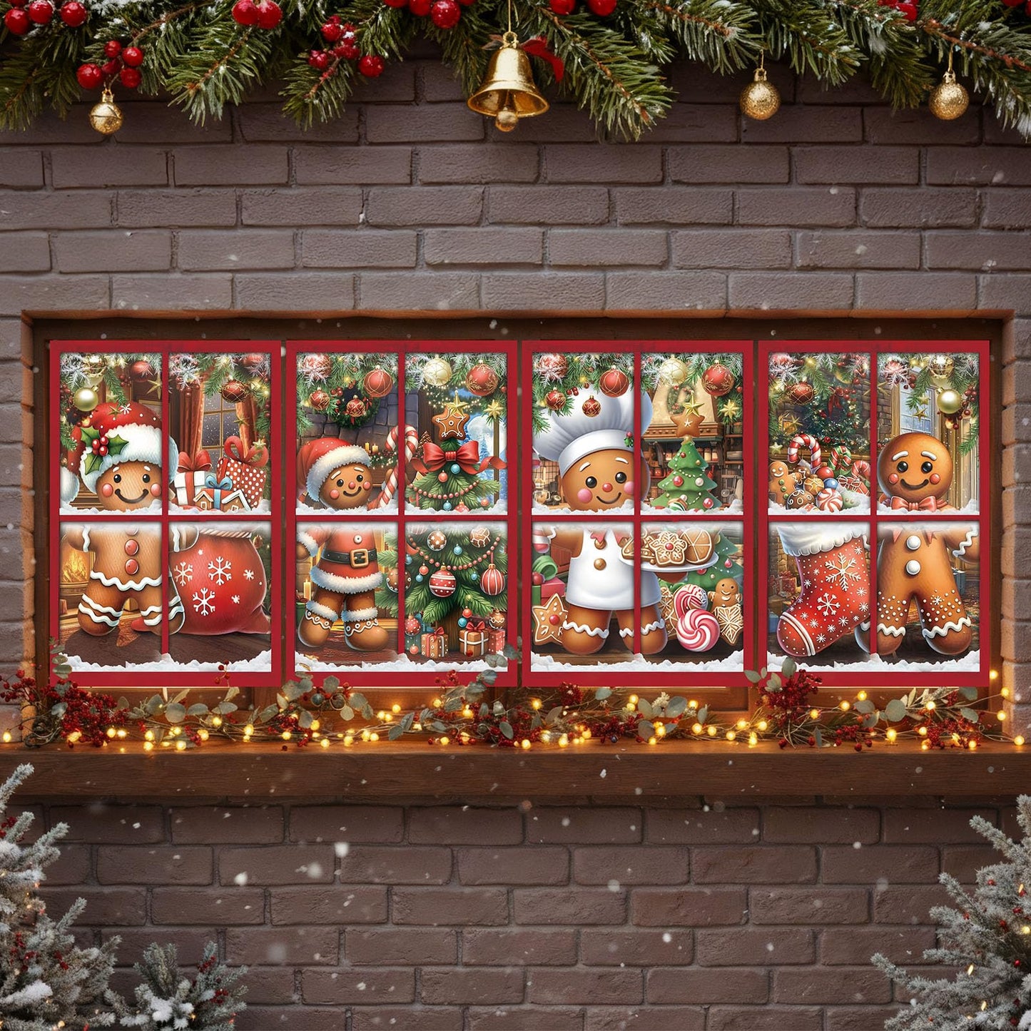 Patelai 4 Pcs Merry Christmas Curtain Cute Christmas Window Silhouette Decoration Snowflake Window Door Cover Holiday Xmas Poster Screen for Indoor Outdoor Party Decor(Gingerbread Man)