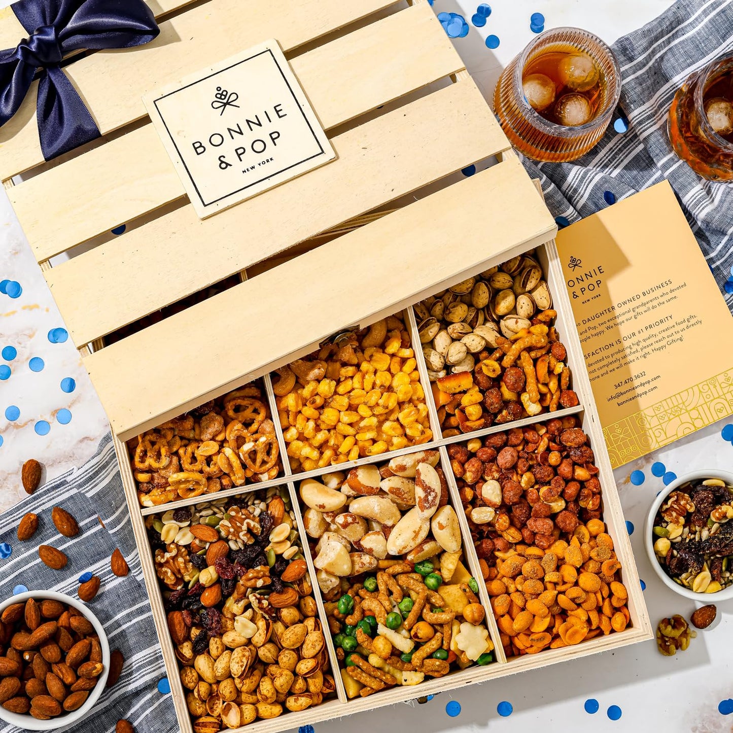 BONNIE AND POP Nut Basket, Healthy Gift of Assorted Nuts in Reusable Wood Crate, Large Variety Tray with Unique Flavors, Fathers Day, Parties, Holidays, Birthday, Sympathy, Office, Thank You, Him, Her