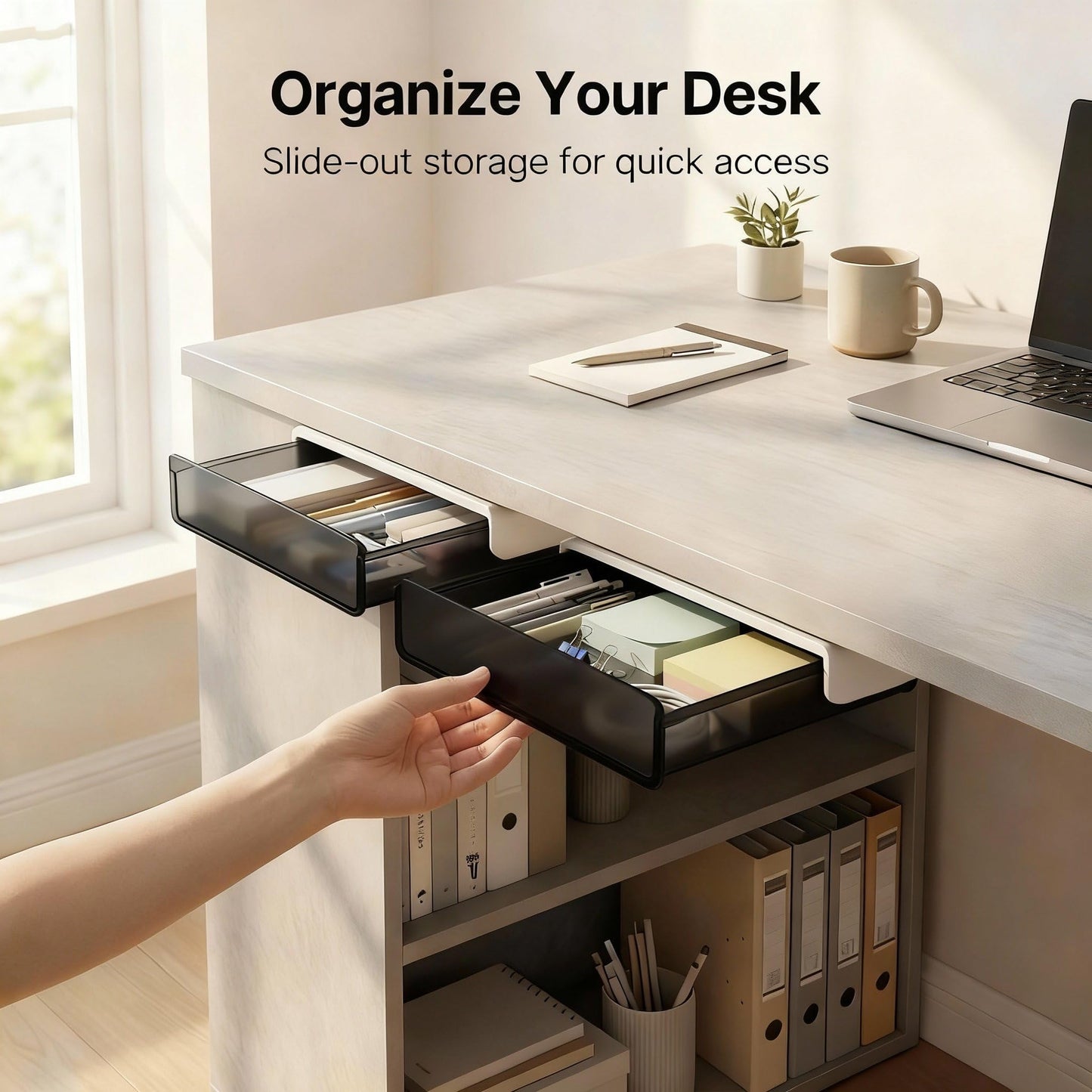 OSPNIEEK Self-adhesive Under Desk Drawer Organizer, 2 Pack Table Hidden Slide Out Large Storage Mounted Desktop Pencil Holder Tray Drawers for Office Home School Stationery Kitchen (Large, Black)
