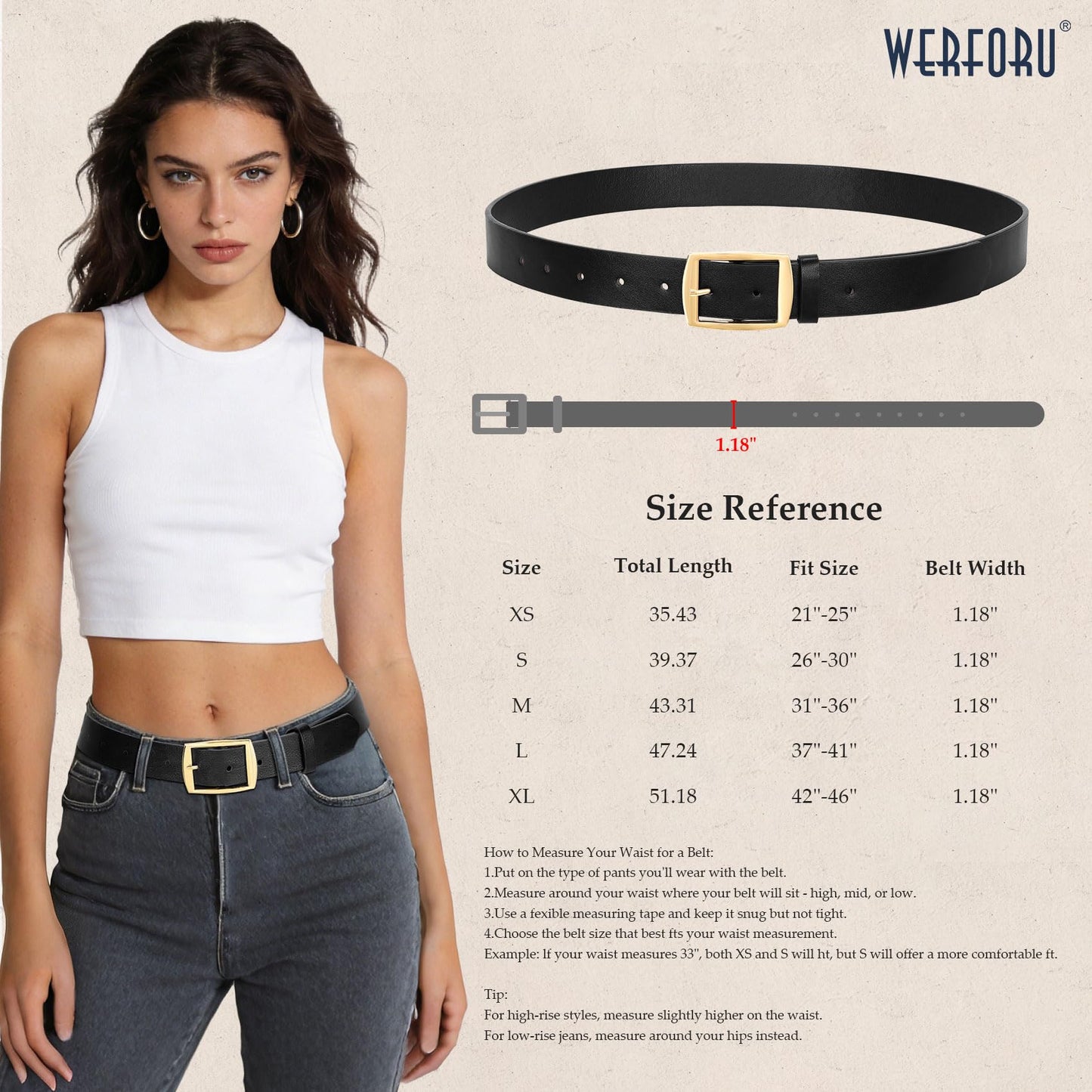 WERFORU 2 Pack Women Leather Belts for Jeans Pants Fashion Leather Belts for Women Waistband with Gold Pin Buckle,A-Black+brown-gold buckle,S:Fit Waist Size 26"-30"