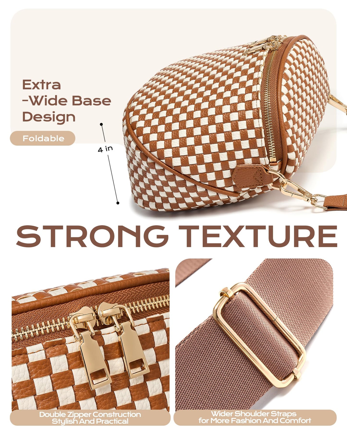 Trendy Woven Checkered Crossbody Bum Bag for Women,PU Leather Checkered Purse Fanny Packs Belt Bag (Woven Bum Bag - Brown White)