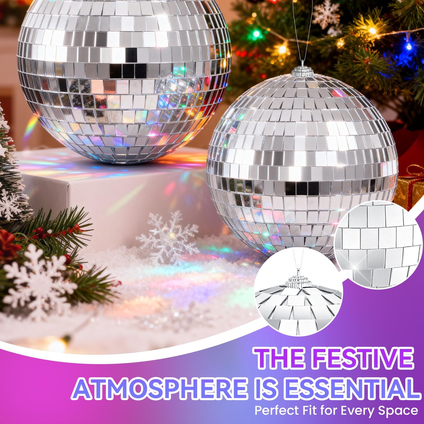 Youdepot Disco Ball 4" Inch 2-Pack,Silver Hanging Ball with Attached String for Ring,Reflects Light,Fun Party Home Bands Decorations,Party Favor.