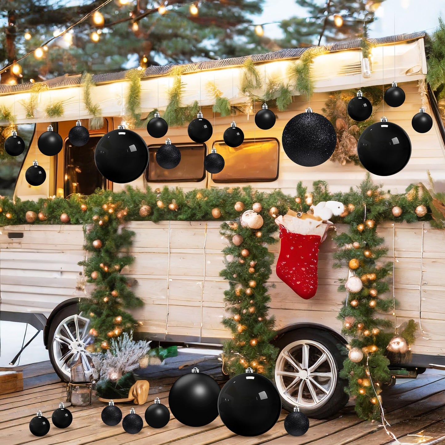 Marsui 24 Pcs Giant Christmas Balls Ornaments Extra Large Outdoor Black Christmas Ornament 8'' 6'' 3'' 2'' Large Xmas Balls Bulk Plastic Shatterproof for Xmas Tree Lawn Yard Porch (Frosted and Shiny)