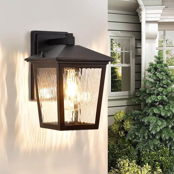 Outdoor Wall Light, Exterior Waterproof Wall Sconce in Black, Anti-Rust Outdoor Light Fixture with Water Glass, Modern Outdoor Wall Lantern for House Balcony Entryway Garage