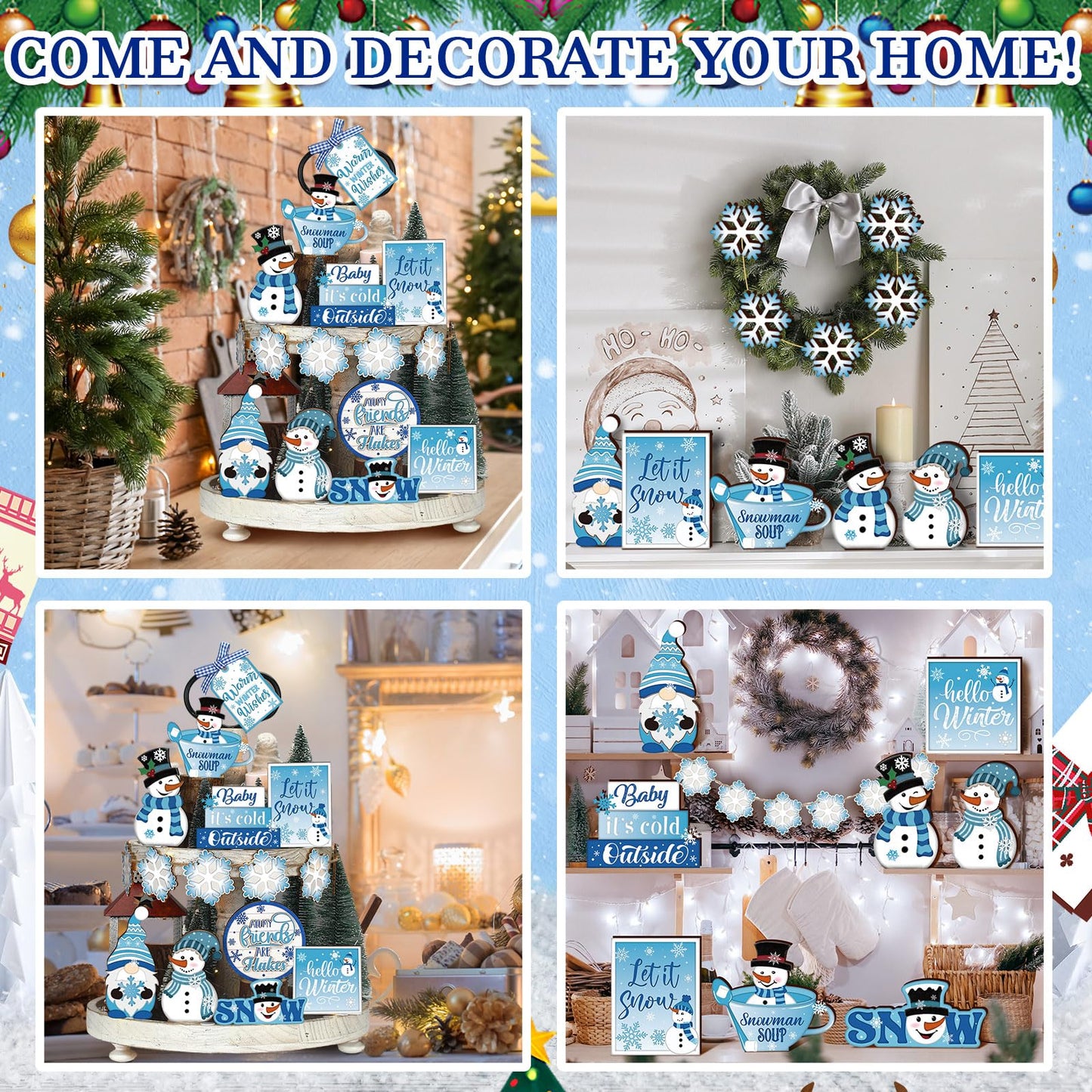 Ziliny 19 Pcs Winter Christmas Tiered Tray Decorations Set Snowman Snowflake Tiered Decor Winter Wooden Signs Farmhouse Table Centerpiece with Rope Holders for Xmas Party Favor Supplies