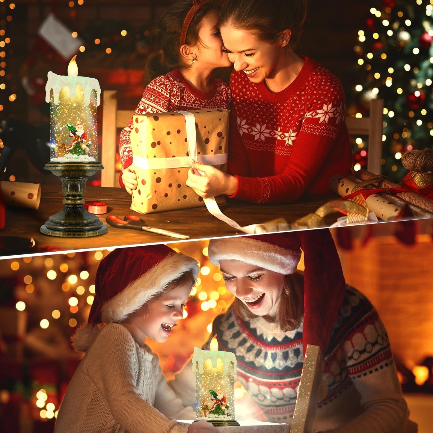 AOMIL Christmas Flameless Candles, Flickering Flameless Candles with Timer, Christmas LED Candles Battery Operated, Snow Globe Candle Light for Christmas Decorations