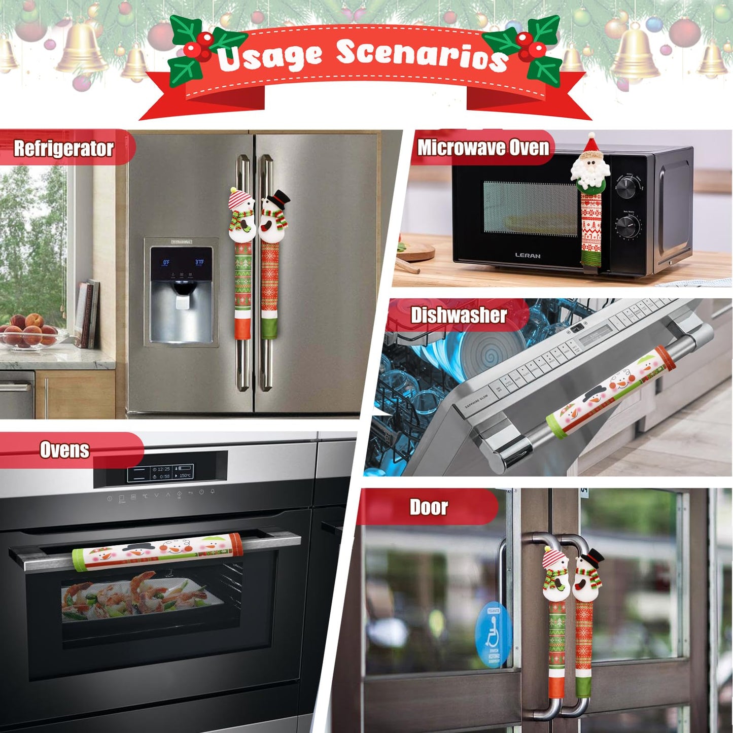 OurWarm Christmas Refrigerator Handle Covers Set of 4, Christmas Kitchen Decor 3D Snowman Couple Fridge Door Handle Cover Washable, Appliance Handle Covers for Christmas Decorations