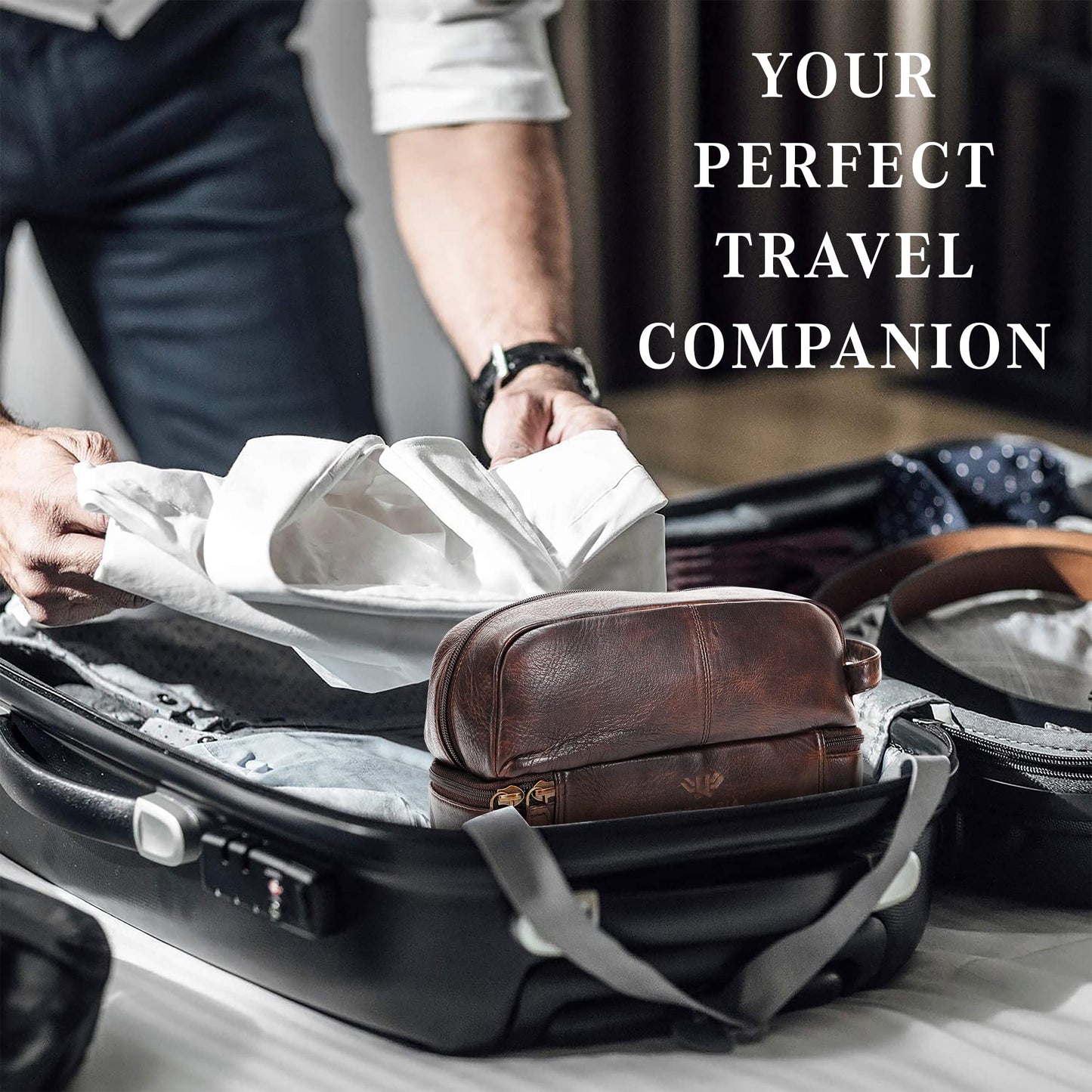 LushLuxeoria Premium Handmade Leather Toiletry Bags for Men and Women, Genuine Leather Dopp Kit and Shaving Bag for Men, Travel Cosmetic Bag for Women's and Men's, Retro - Cognac