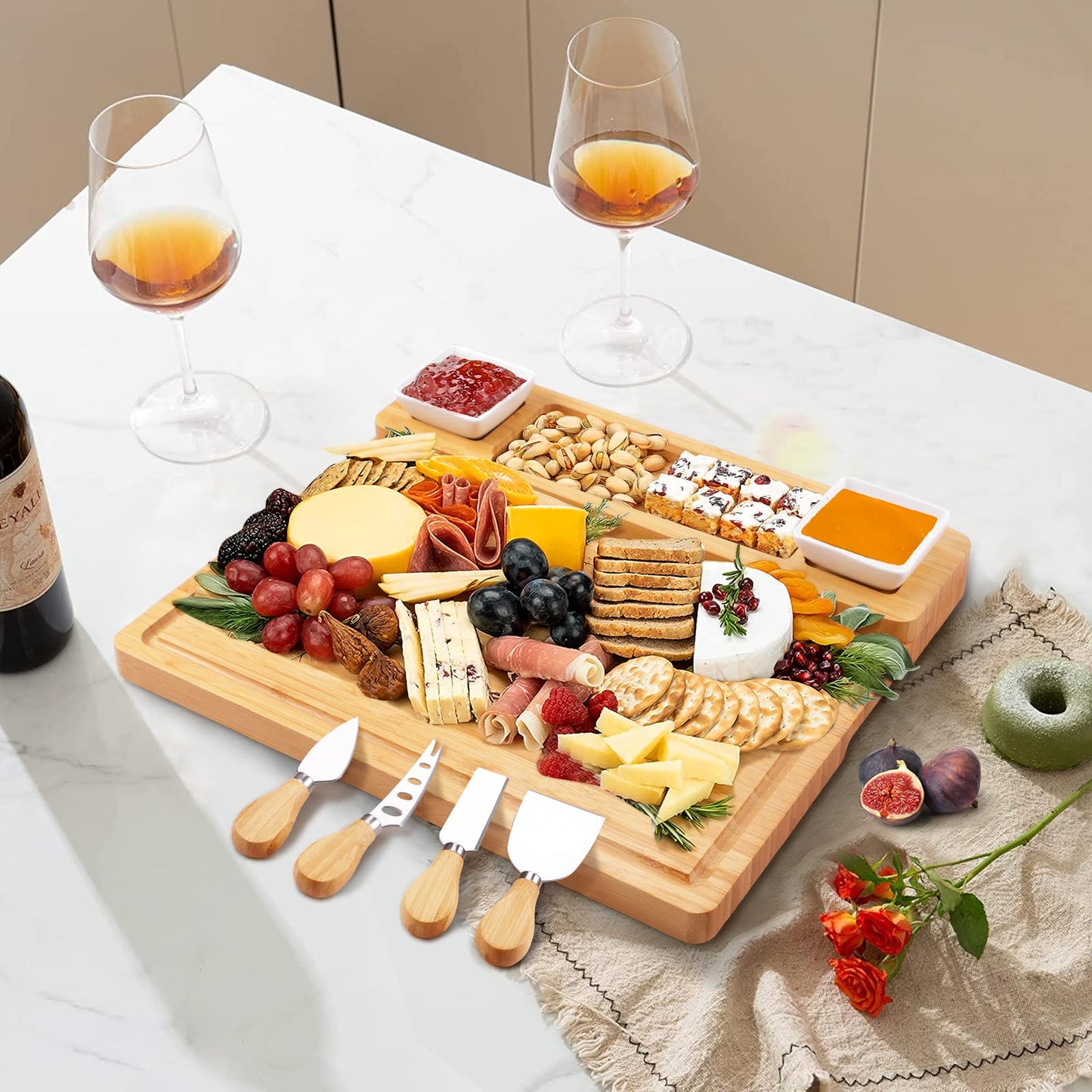 Charcuterie Boards and Knife Set - Bamboo Cheese Board - Wine Meat Cheese Tray Platter - Unique Housewarming Gifts, Anniversary Wedding Gifts for Couple, Bridal Shower Gift
