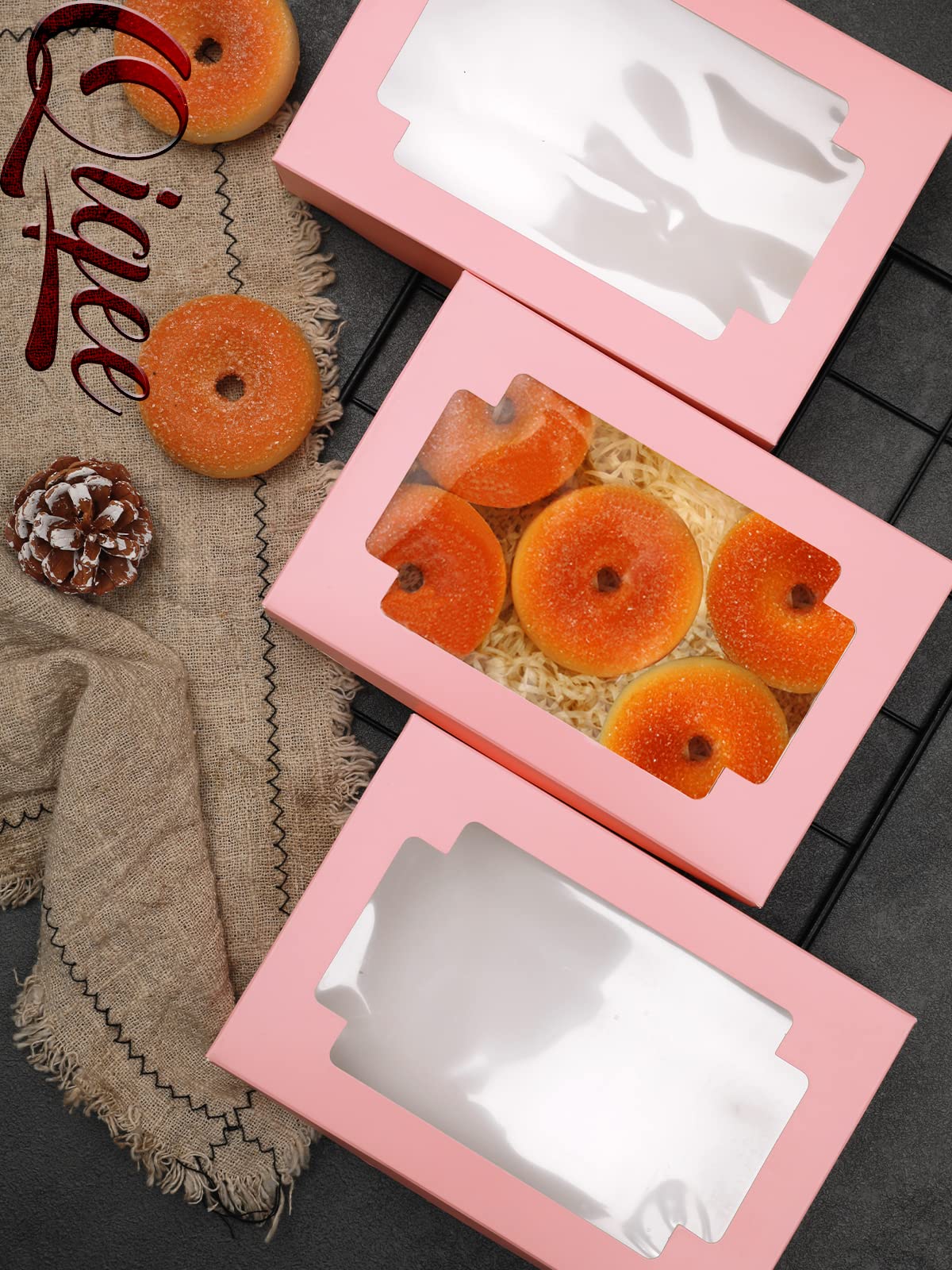 qiqee 36Packs Auto-pop Pink Cookie Boxes for Gift Giving 8x5.3x2 inch One Second Folding Pink Bakery Box with Window Treat Box for Donuts Candies and Biscuit