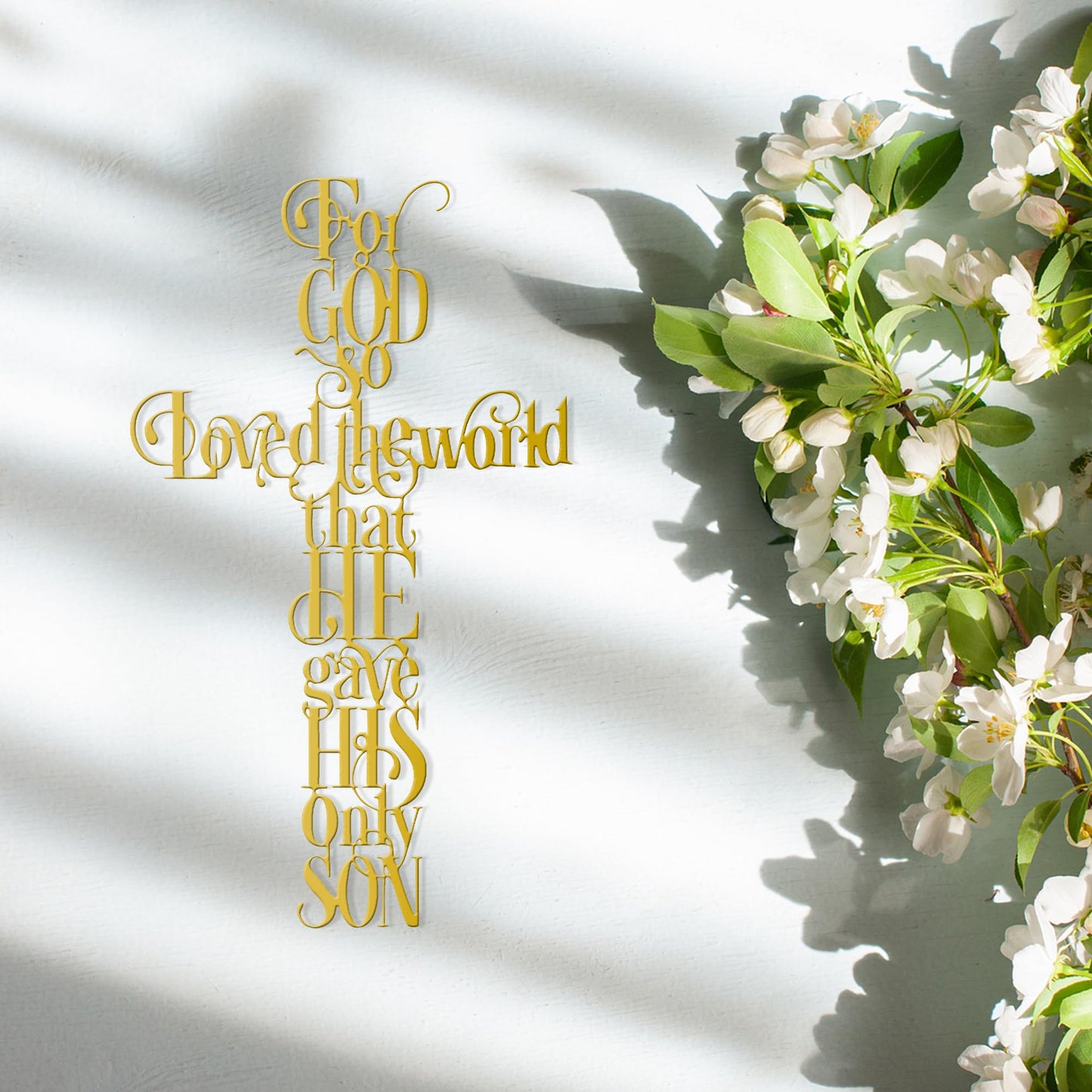 Rajukit Jesus Wall Art, Gold Cross Wall Decor with For God So Loves the World Quote, Religious Cross Decor for Home, Office, Cafe, Elegant Metal Wall Sculpture Gift