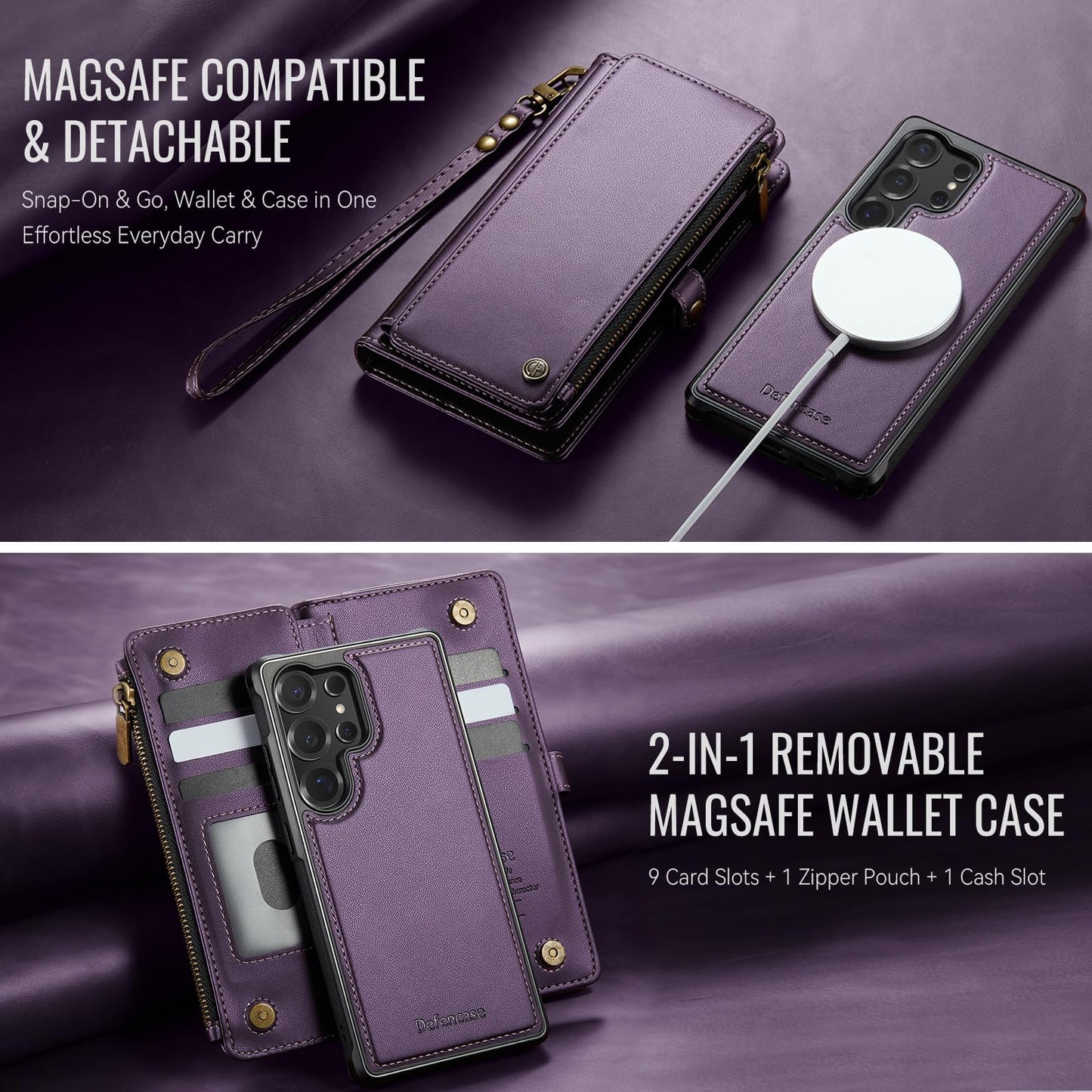 Defencase for Samsung Galaxy S24 Ultra Magnetic Wallet Case Compatible with Magsafe with RFID Blocking Zipper & Card Holder Women, PU Leather Detachable Phone Case for Galaxy S24 Ultra 6.8", Purple