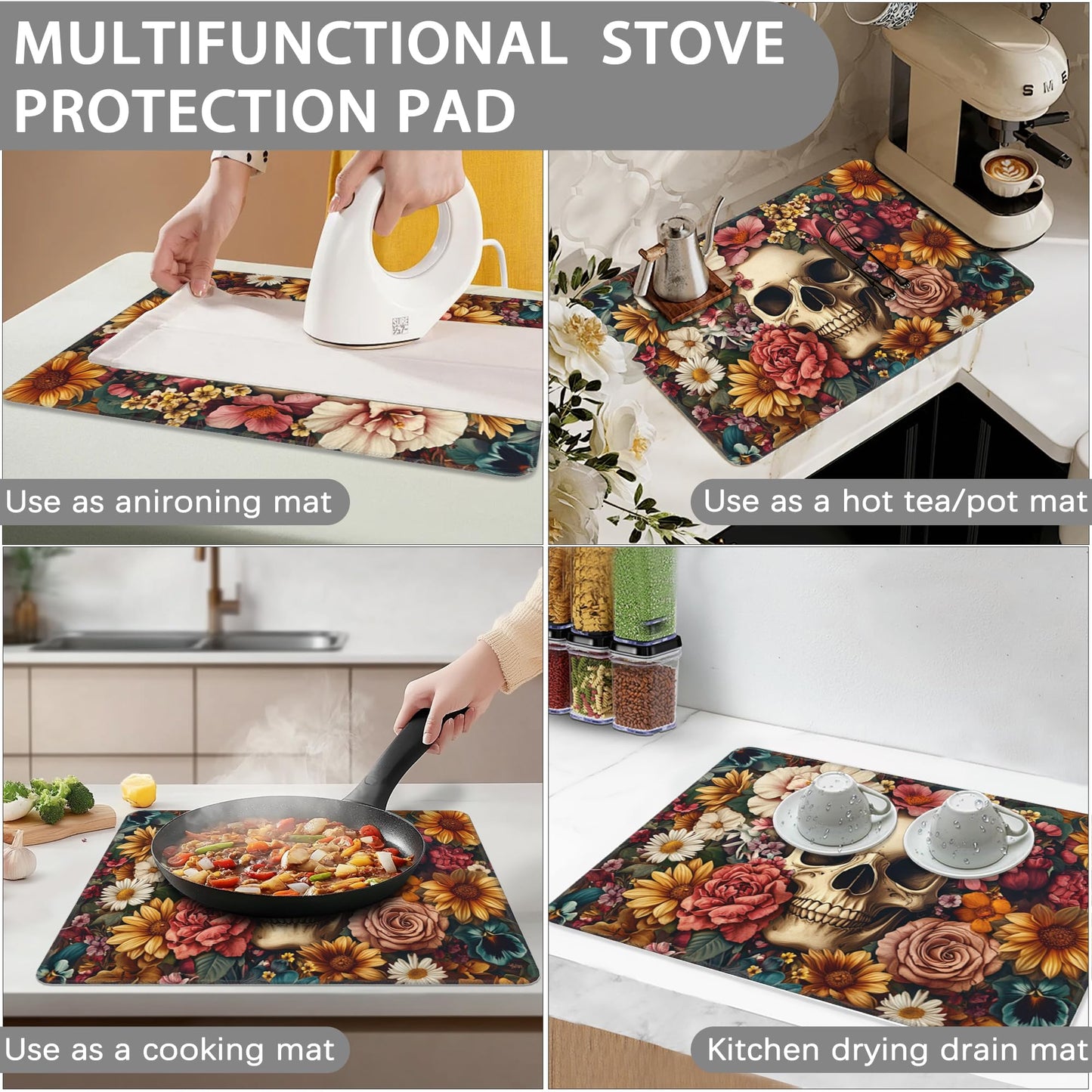 Decorative Electric Stove Cover - Gothic Skull Flower Design, Non-Slip Heat Resistant Protector for Smooth/Glass Top Stoves, Fits 28.5'' x 20.5'' (Not for Gas or Coil)